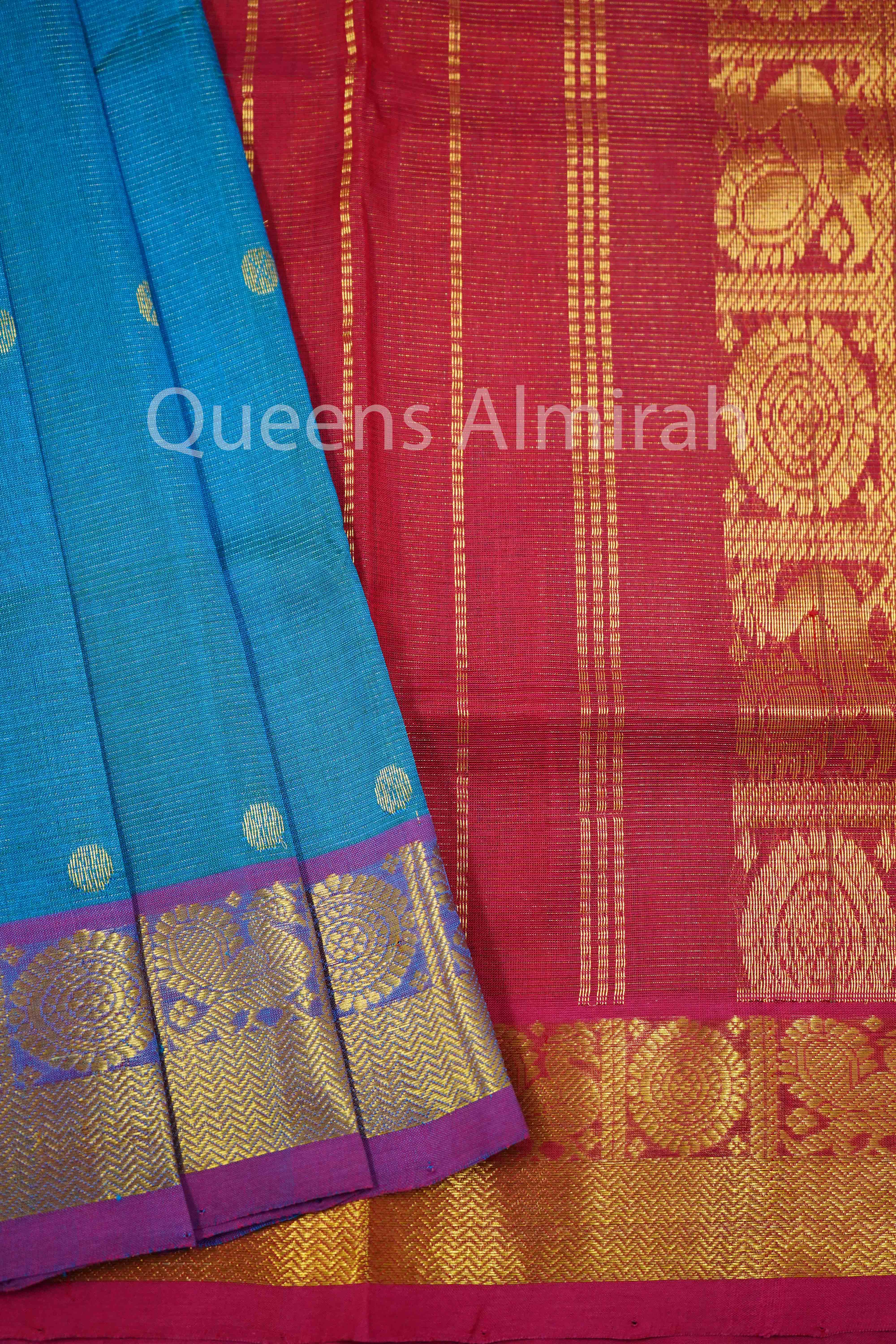PURE KANCHI SILK COTTON- DARK SKY BLUE WITH PERSIAN RED VAIRA OOSI - Queens Jewel Emporium