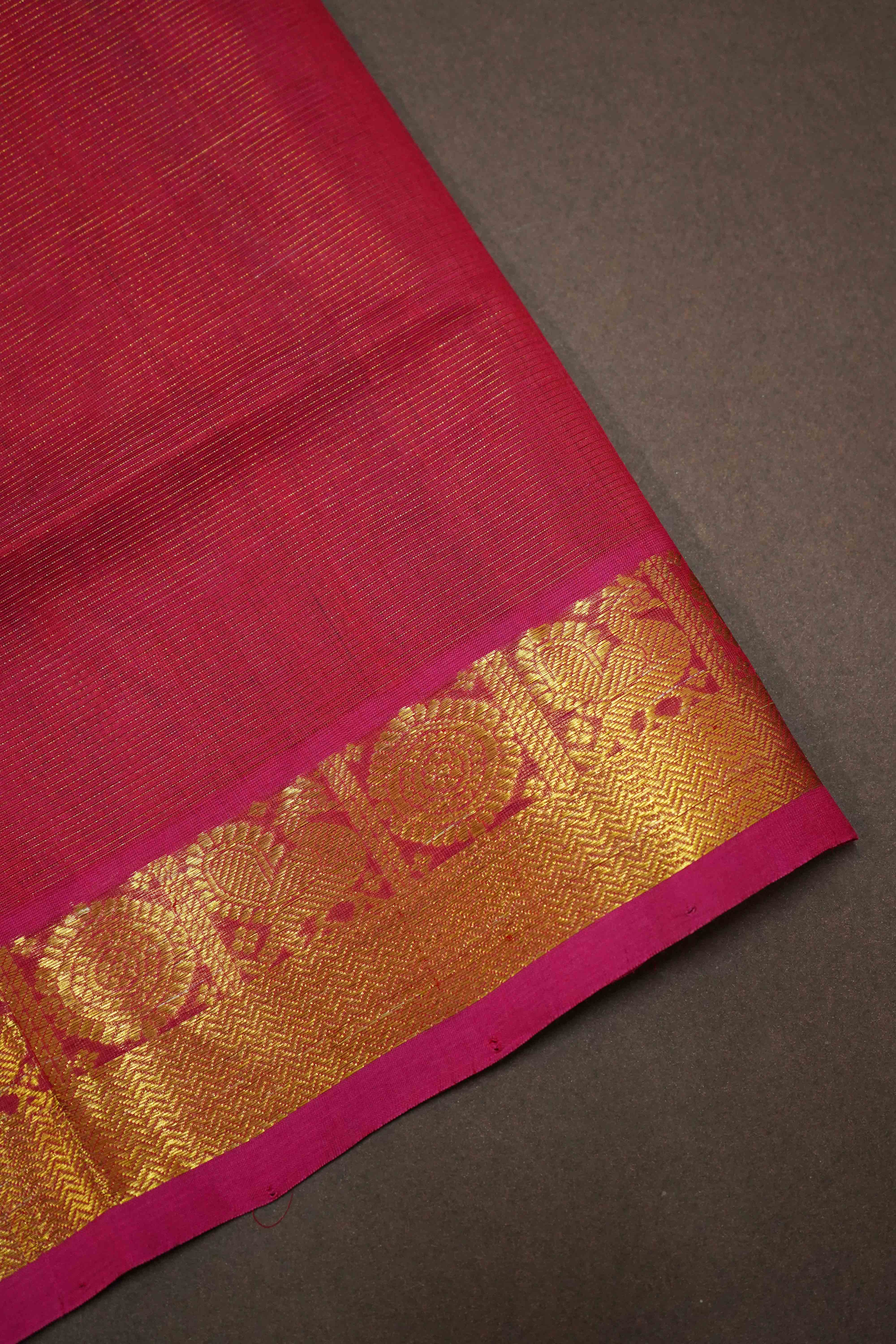 PURE KANCHI SILK COTTON- DARK SKY BLUE WITH PERSIAN RED VAIRA OOSI - Queens Jewel Emporium