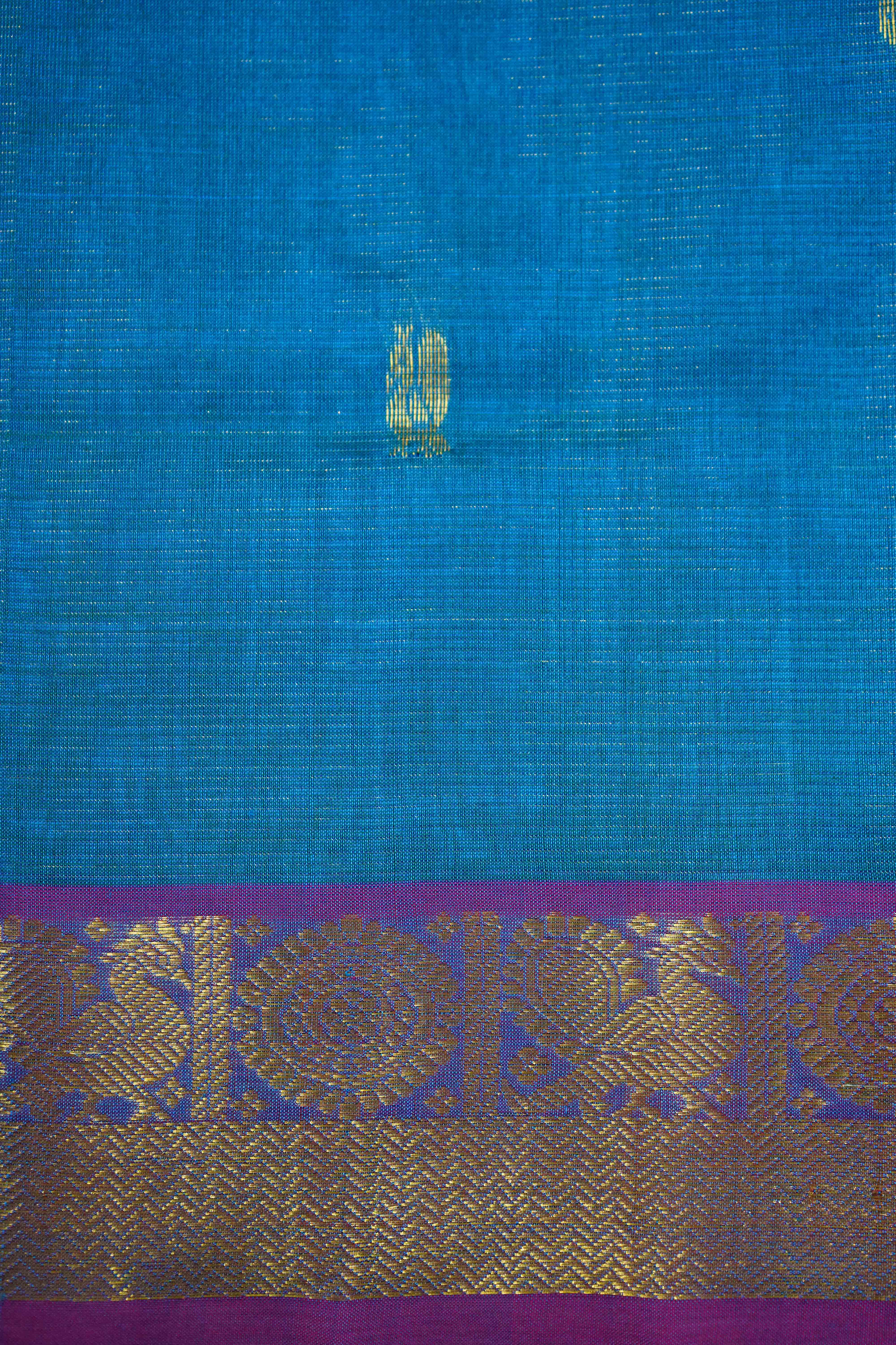PURE KANCHI SILK COTTON- DARK SKY BLUE WITH PERSIAN RED VAIRA OOSI - Queens Jewel Emporium