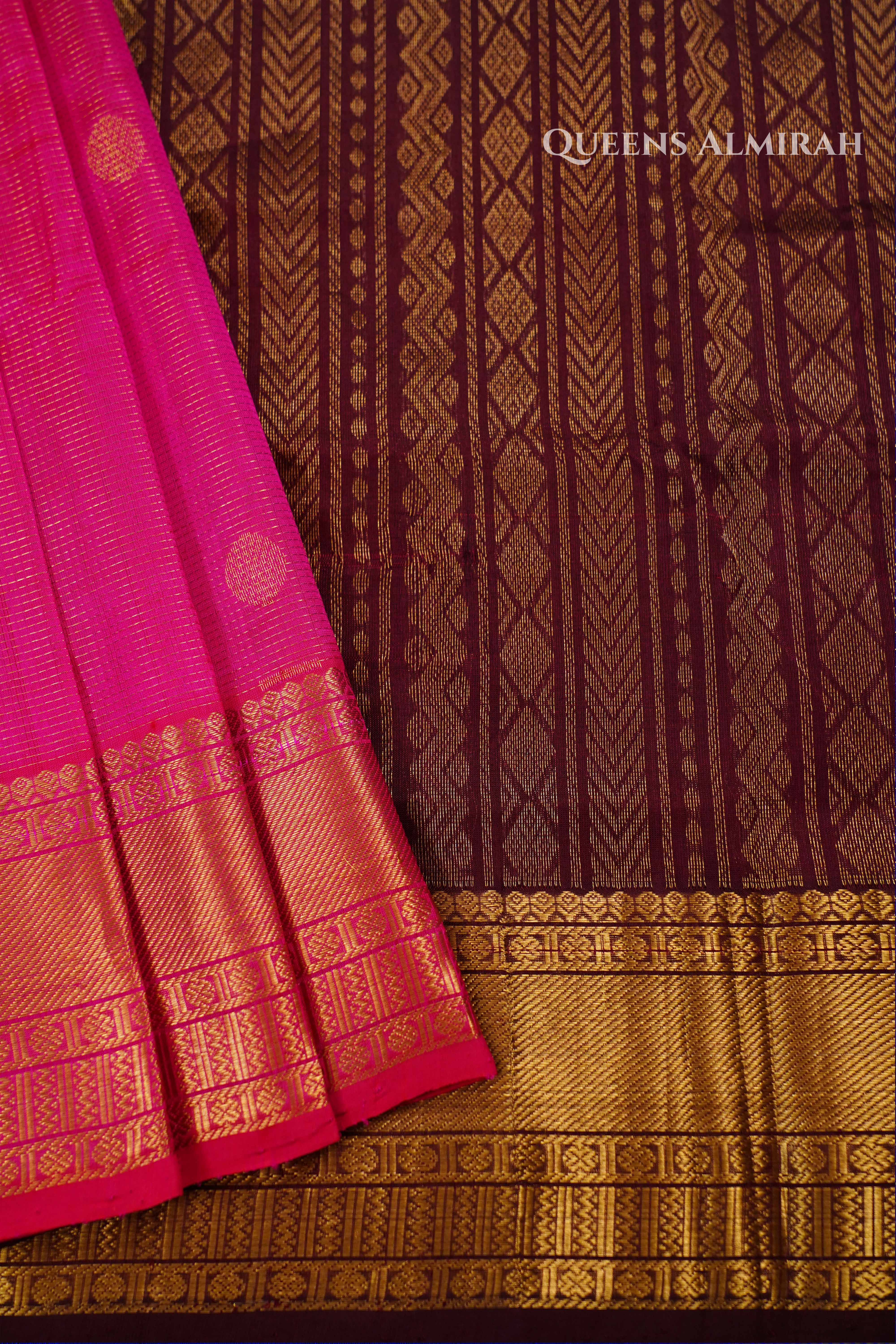 Pure Kanchi Silk Cotton- Deep Plum With Vibrant Pink Vaira Oosi Saree QUEENS ALMIRAH