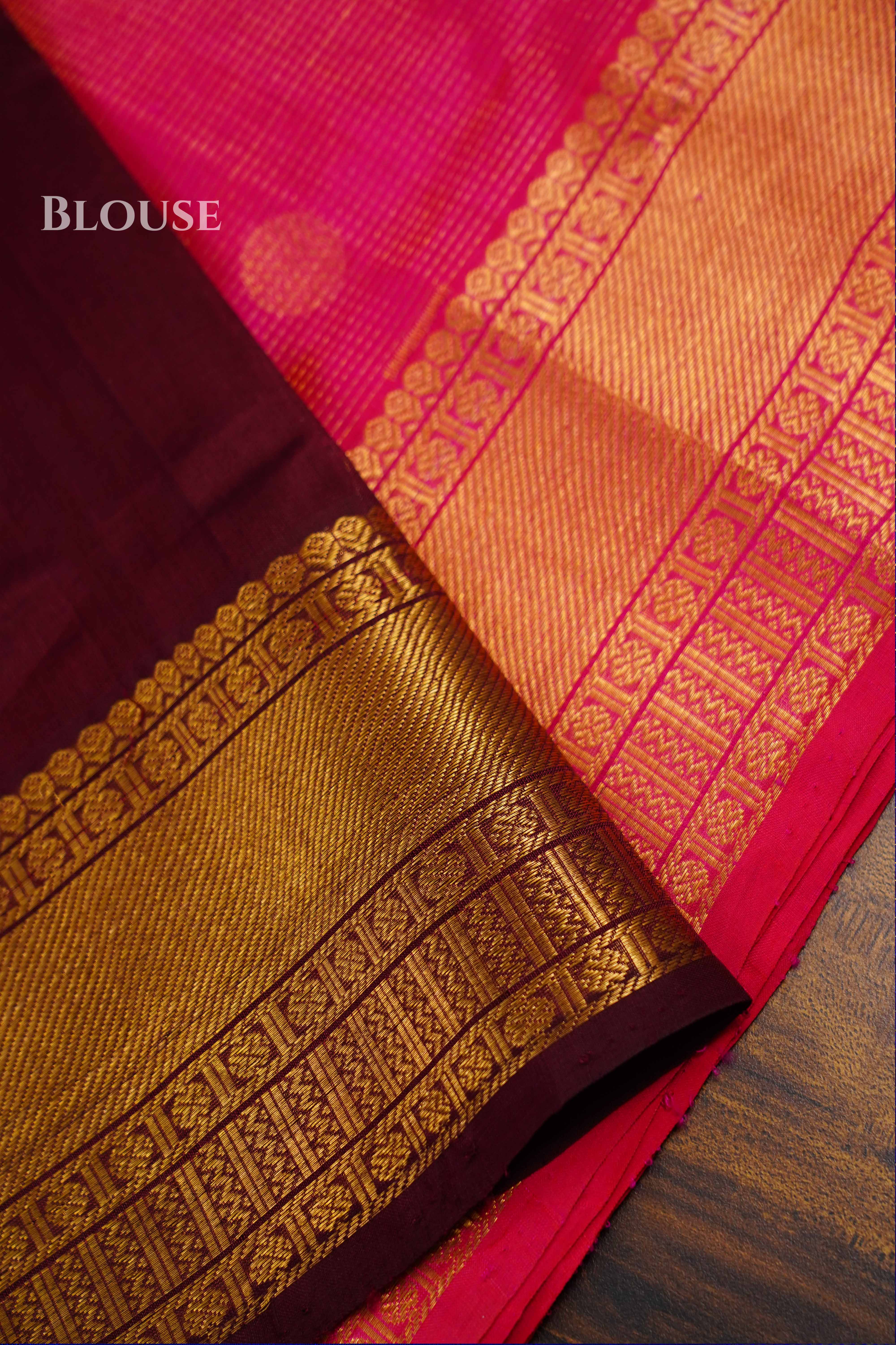 Pure Kanchi Silk Cotton- Deep Plum With Vibrant Pink Vaira Oosi Saree QUEENS ALMIRAH