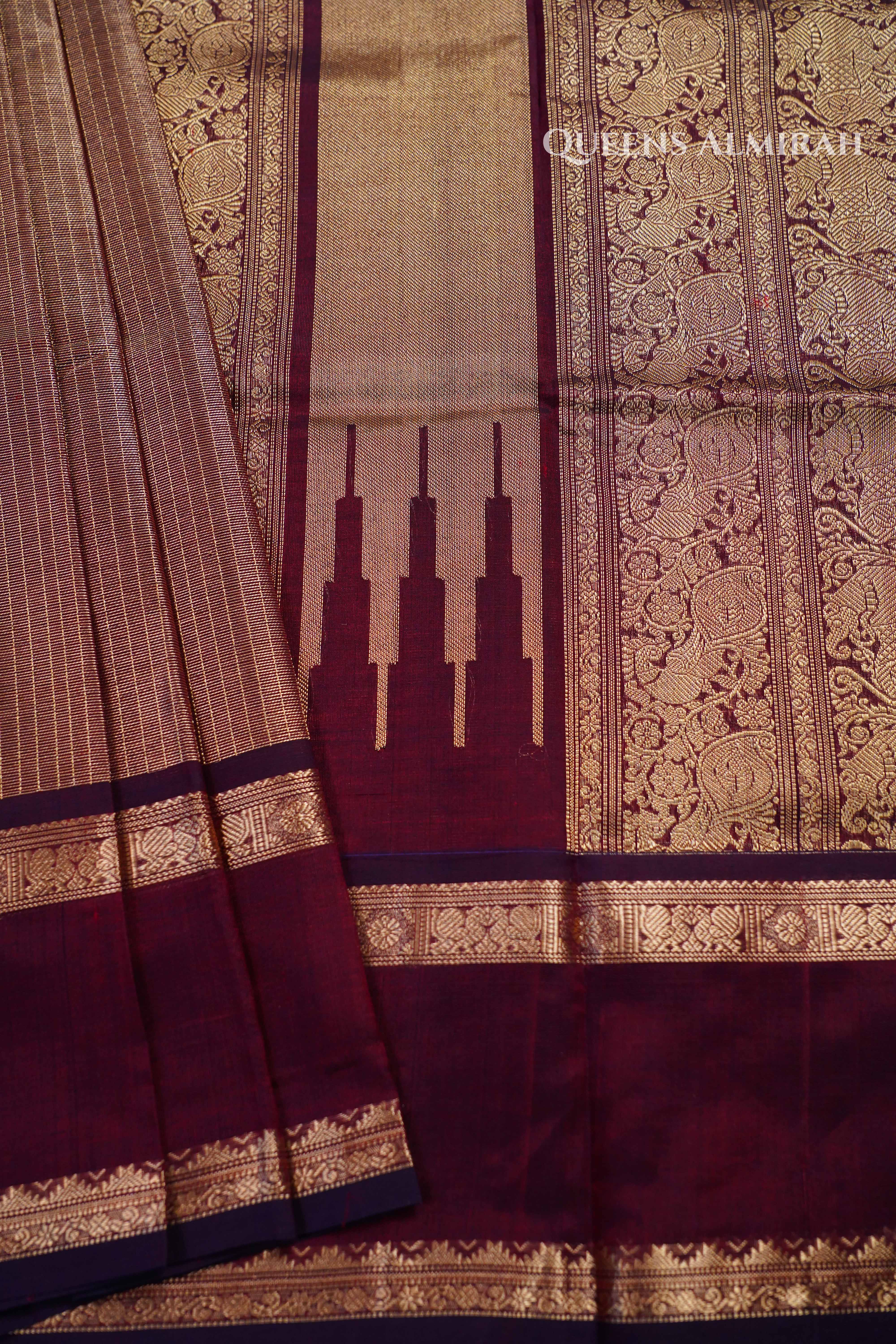Pure Kanchi Silk Cotton-Golden With Maroon saree QUEENS ALMIRAH