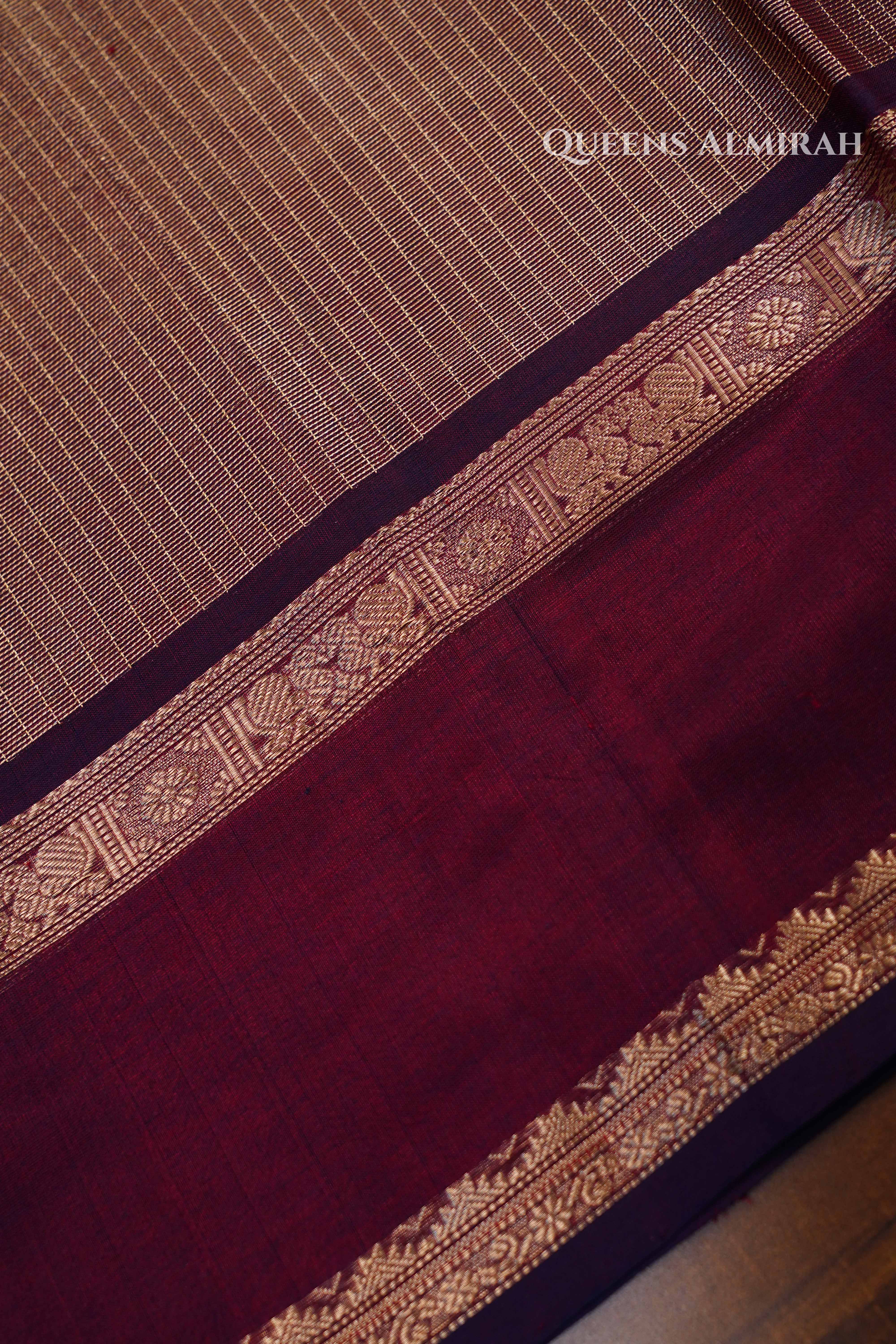 Pure Kanchi Silk Cotton-Golden With Maroon saree QUEENS ALMIRAH