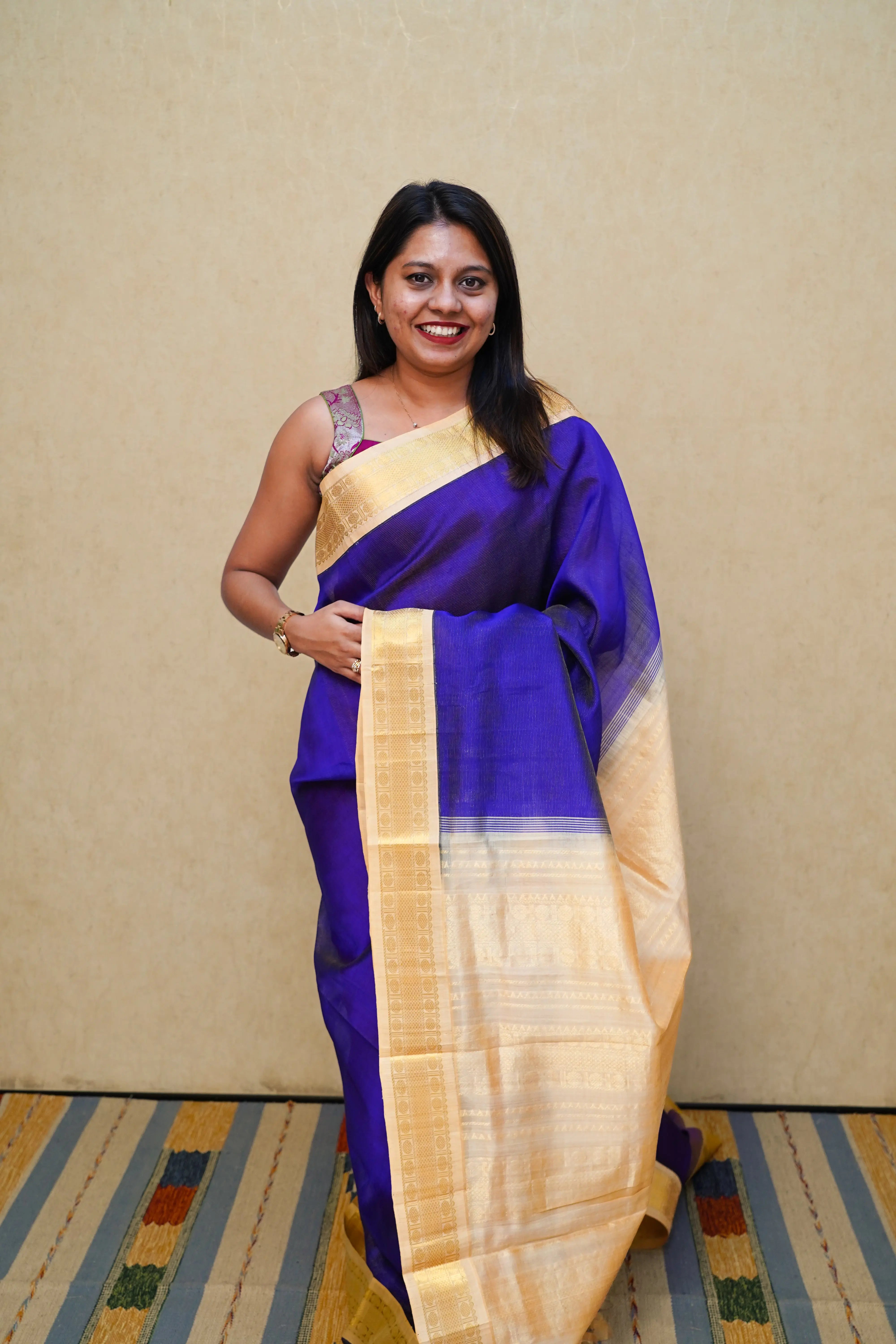 PURE KANCHI SILK COTTON - PERSIAN BLUE WITH GOLDEN - Queens Jewel Emporium