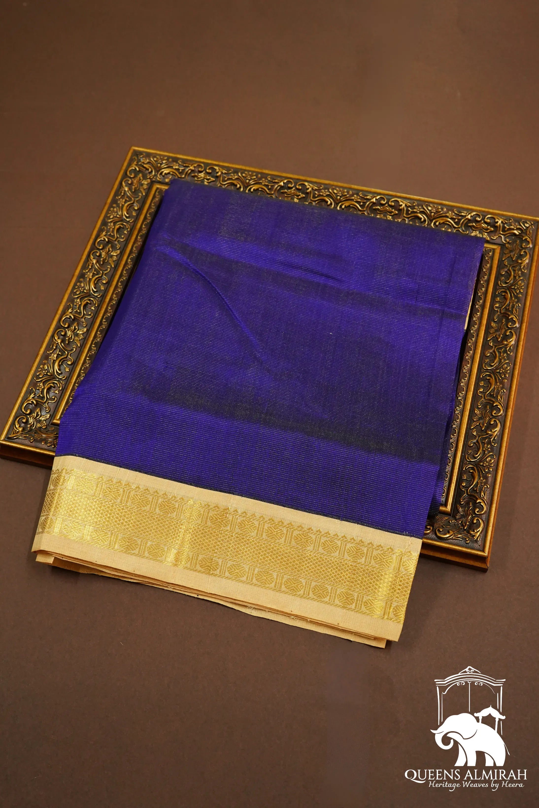 PURE KANCHI SILK COTTON - PERSIAN BLUE WITH GOLDEN - Queens Jewel Emporium