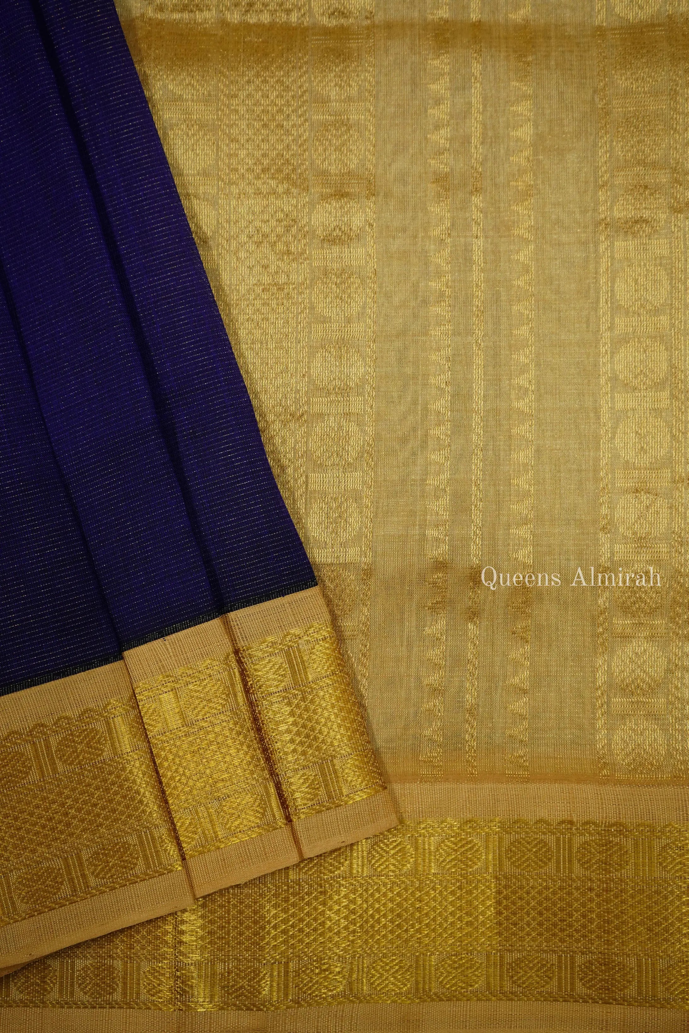 PURE KANCHI SILK COTTON - PERSIAN BLUE WITH GOLDEN - Queens Jewel Emporium
