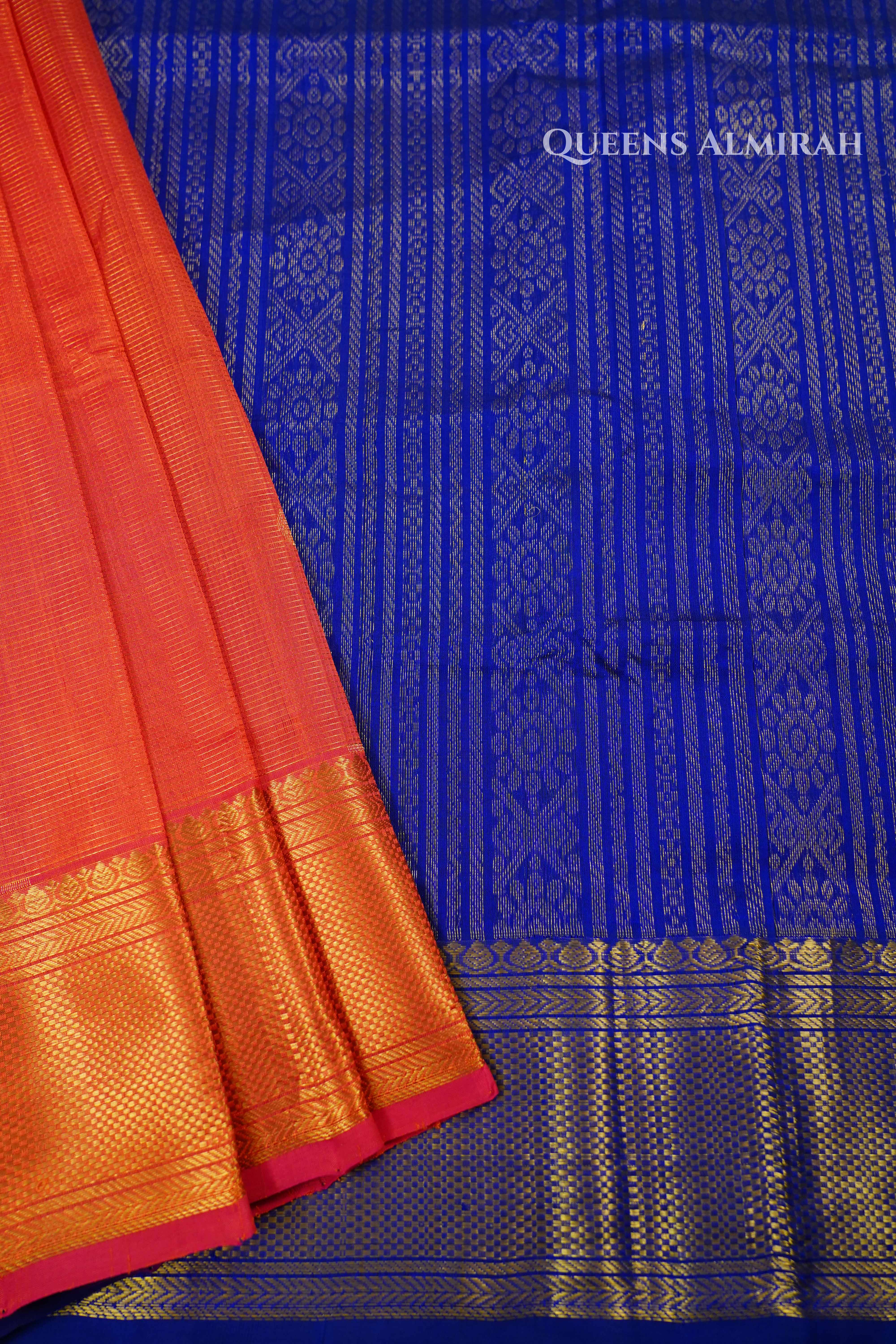 Pure Kanchi Silk Cotton-Rust Orange With Royal Blue Vaira Oosi Saree QUEENS ALMIRAH