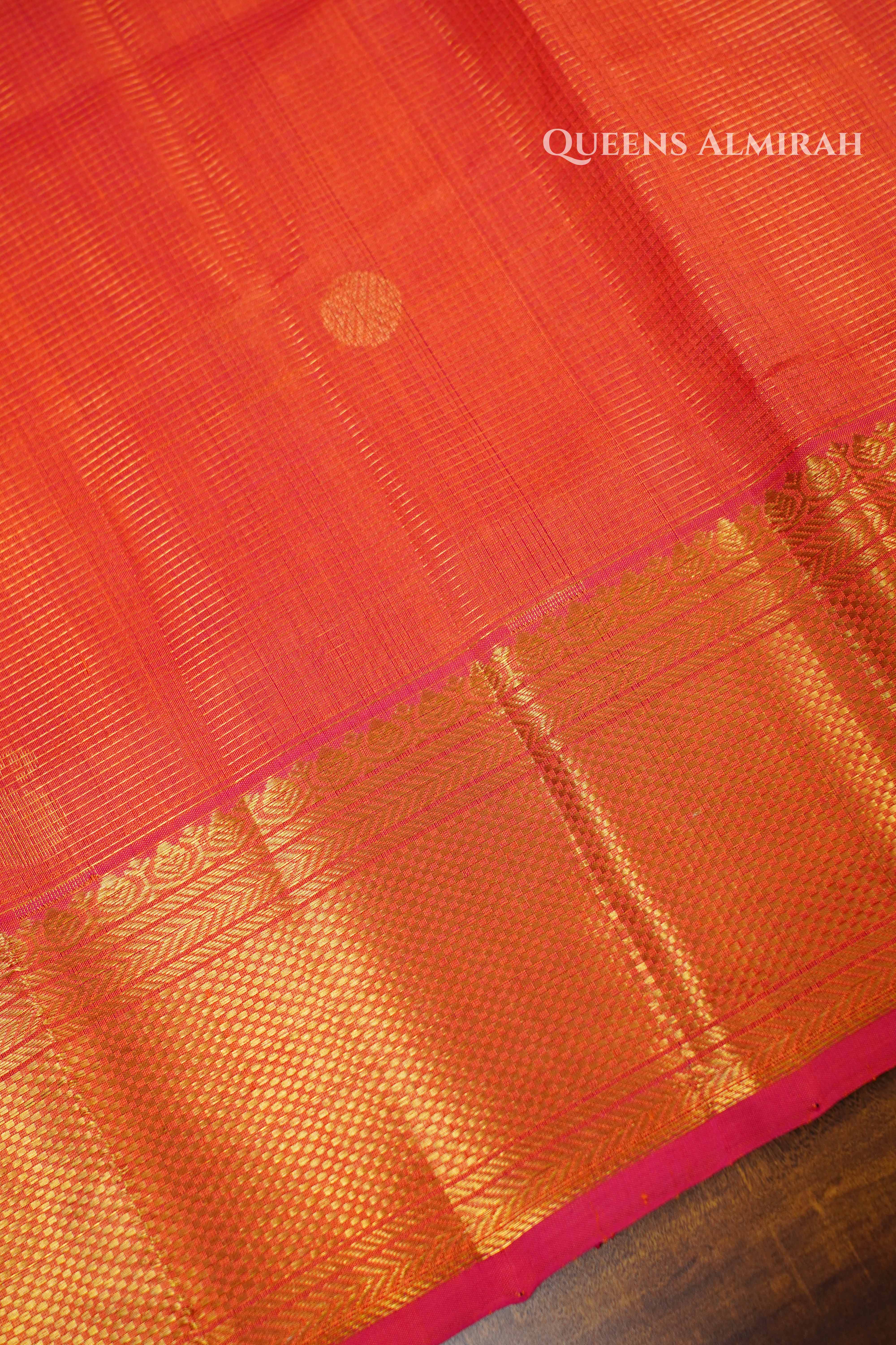 Pure Kanchi Silk Cotton-Rust Orange With Royal Blue Vaira Oosi Saree QUEENS ALMIRAH