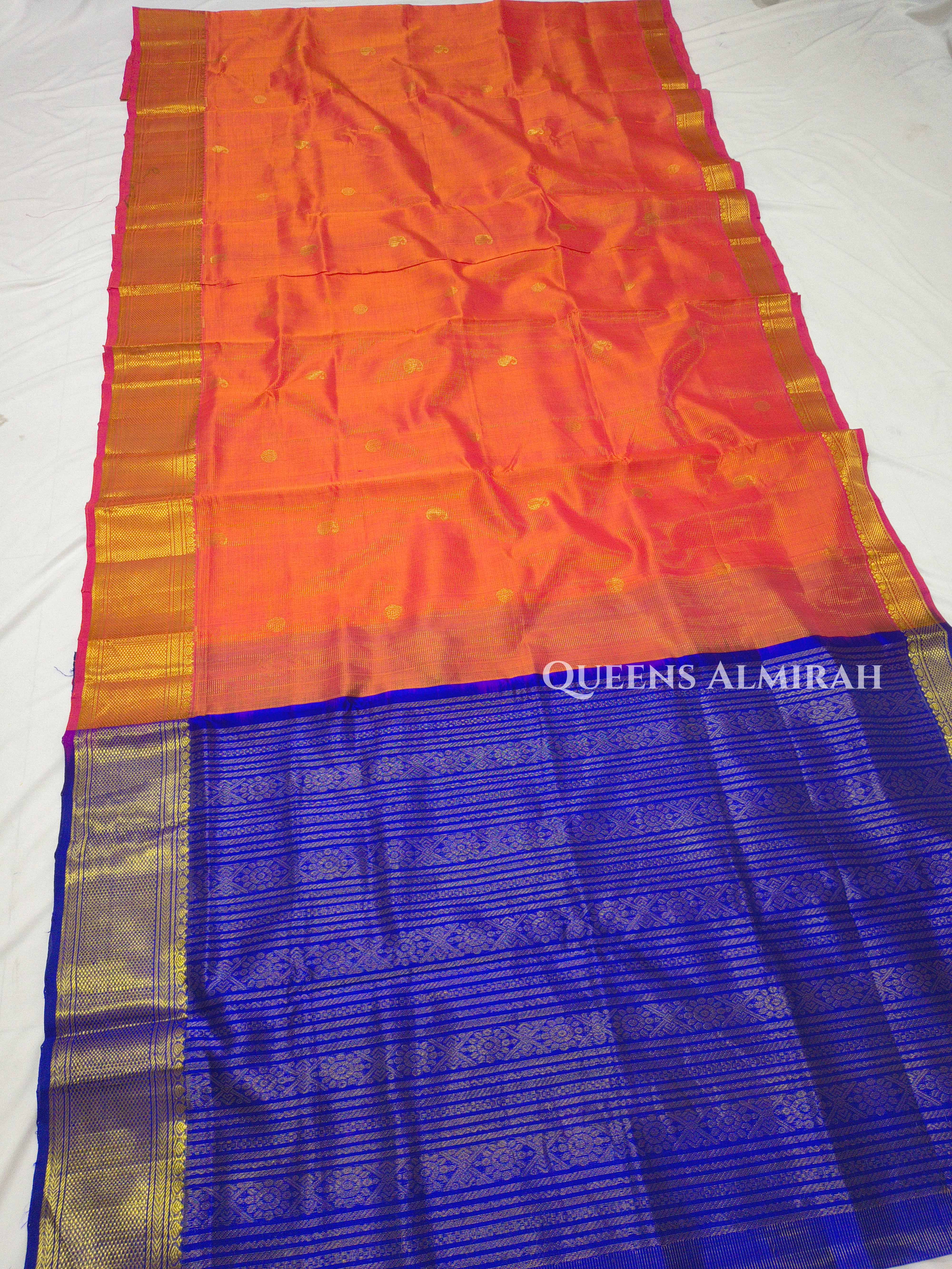 Pure Kanchi Silk Cotton-Rust Orange With Royal Blue Vaira Oosi Saree QUEENS ALMIRAH