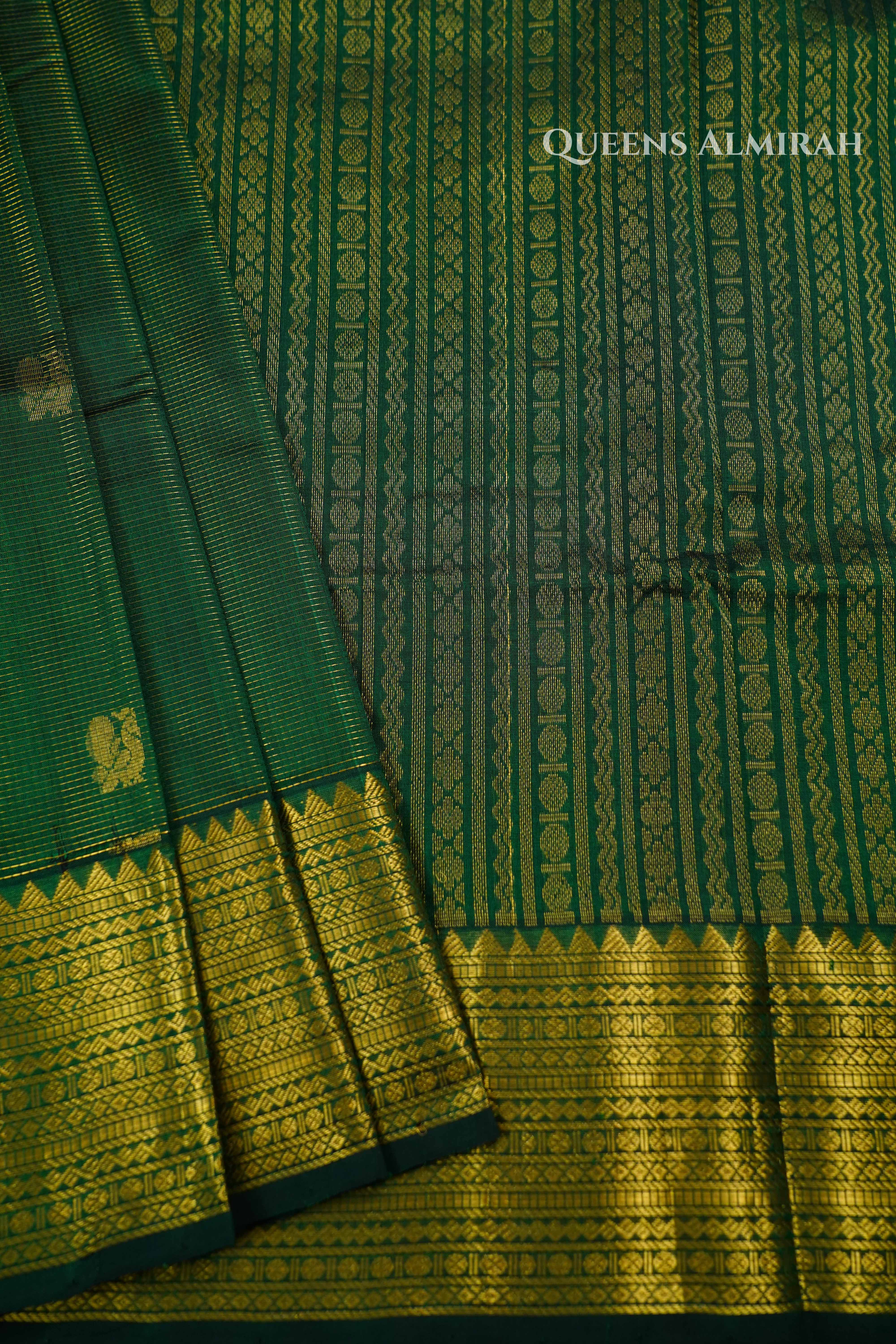 Pure Silk Cotton- Emerald Green Vaira Oosi Saree QUEENS ALMIRAH