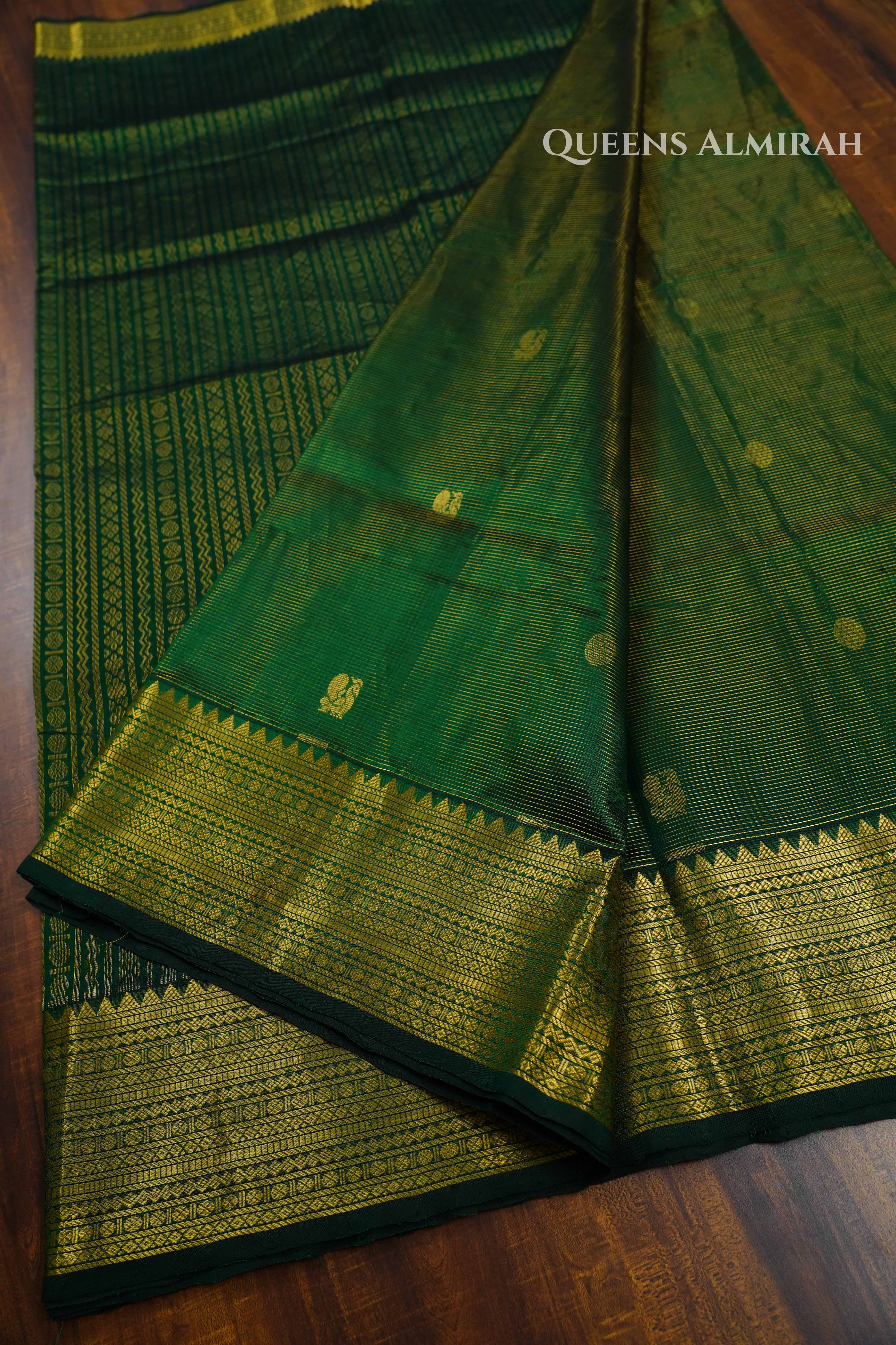 Pure Silk Cotton- Emerald Green Vaira Oosi Saree QUEENS ALMIRAH