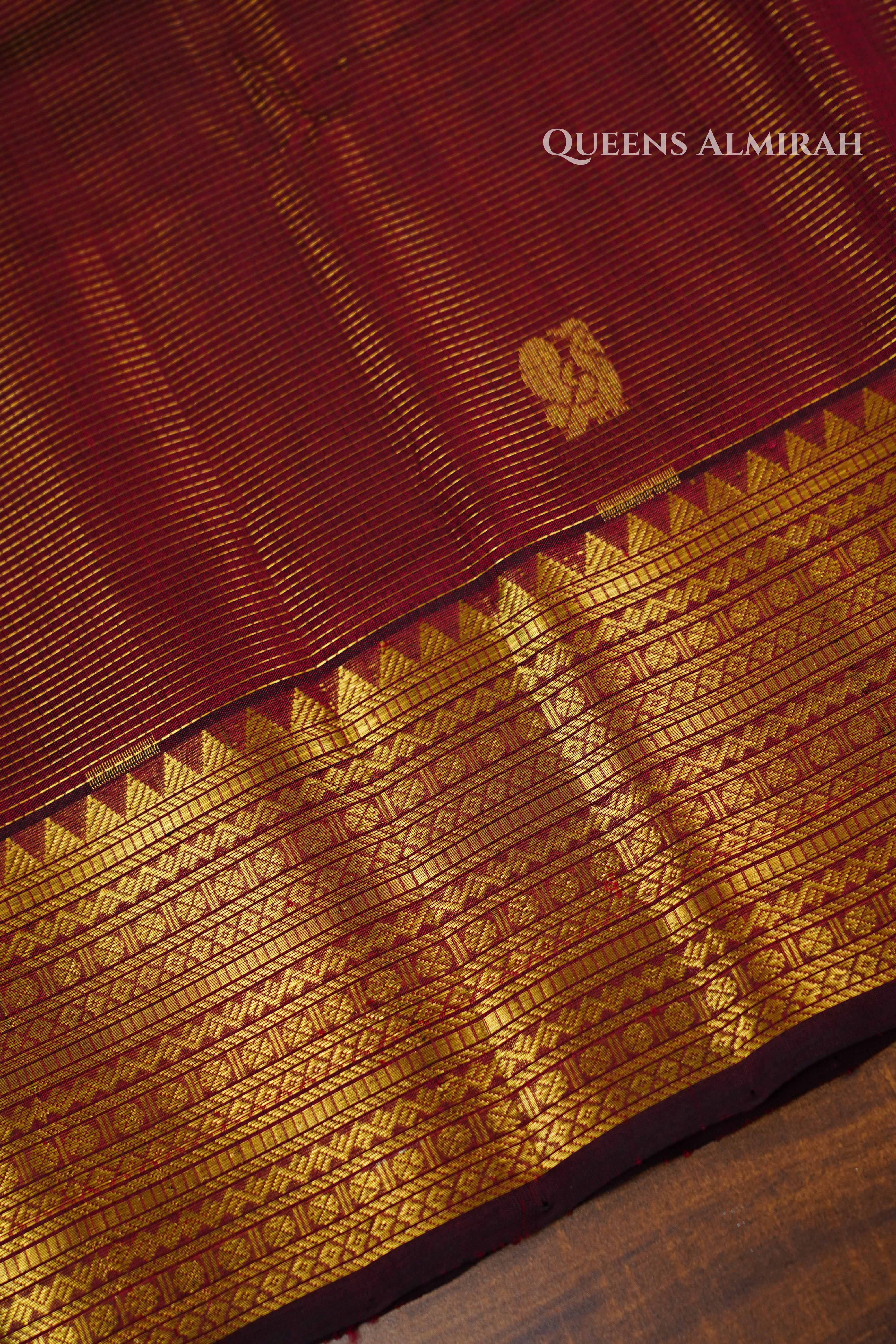 Pure Silk Cotton -Maroon and Grey Vaira Oosi Saree QUEENS ALMIRAH
