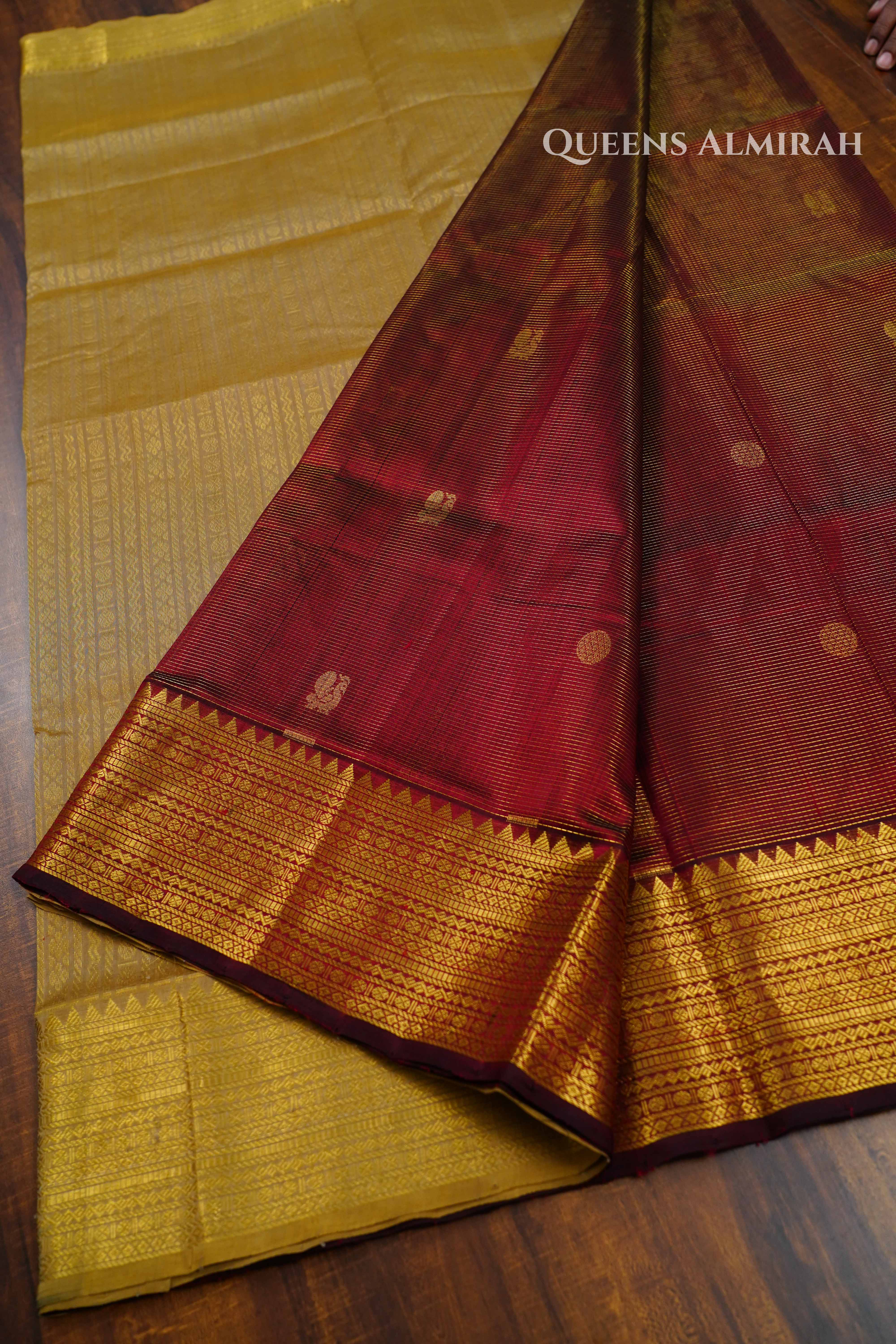 Pure Silk Cotton -Maroon and Grey Vaira Oosi Saree QUEENS ALMIRAH