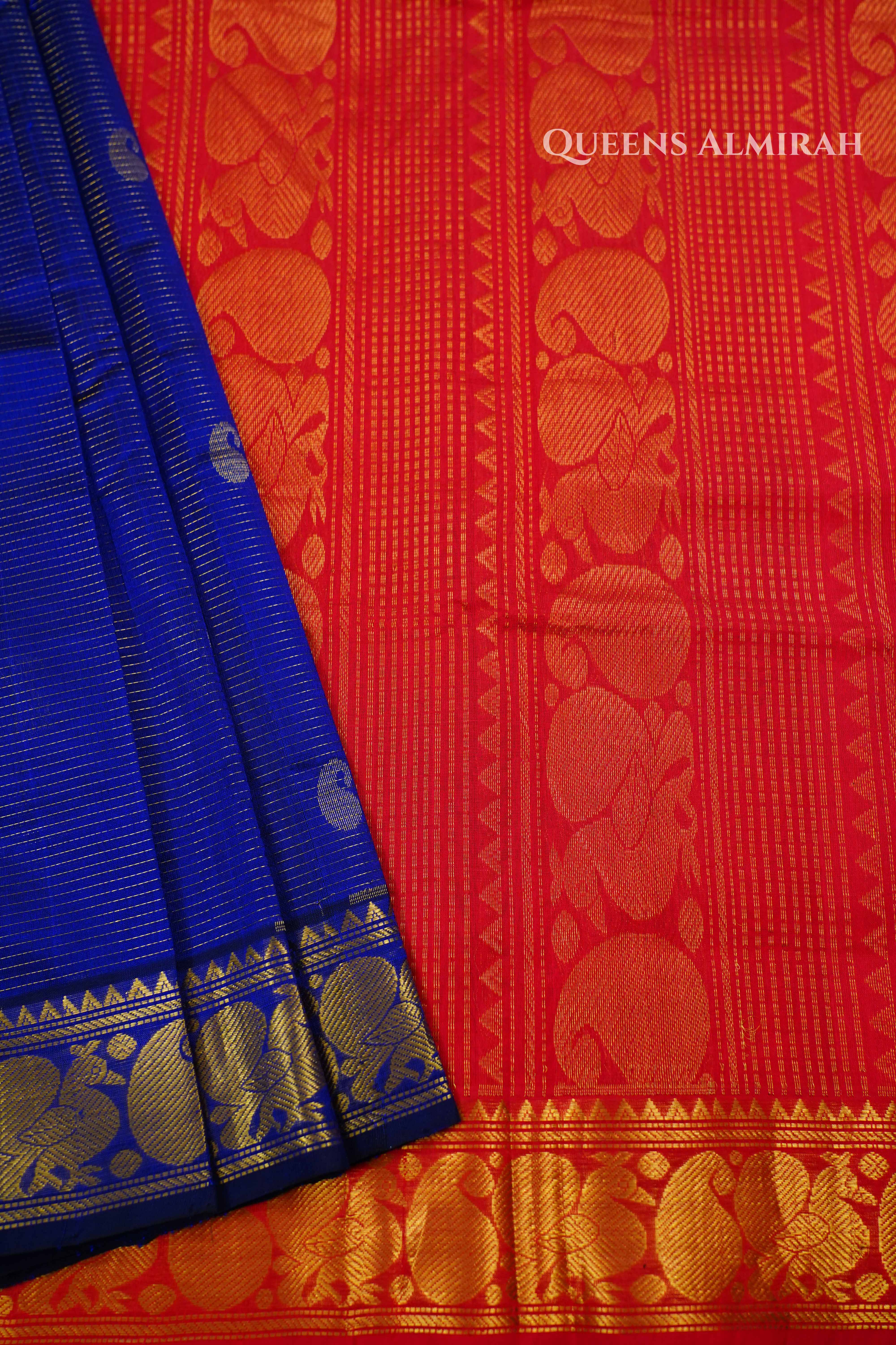 Pure Silk Cotton -Navy Blue and Red Vaira Oosi Saree QUEENS ALMIRAH