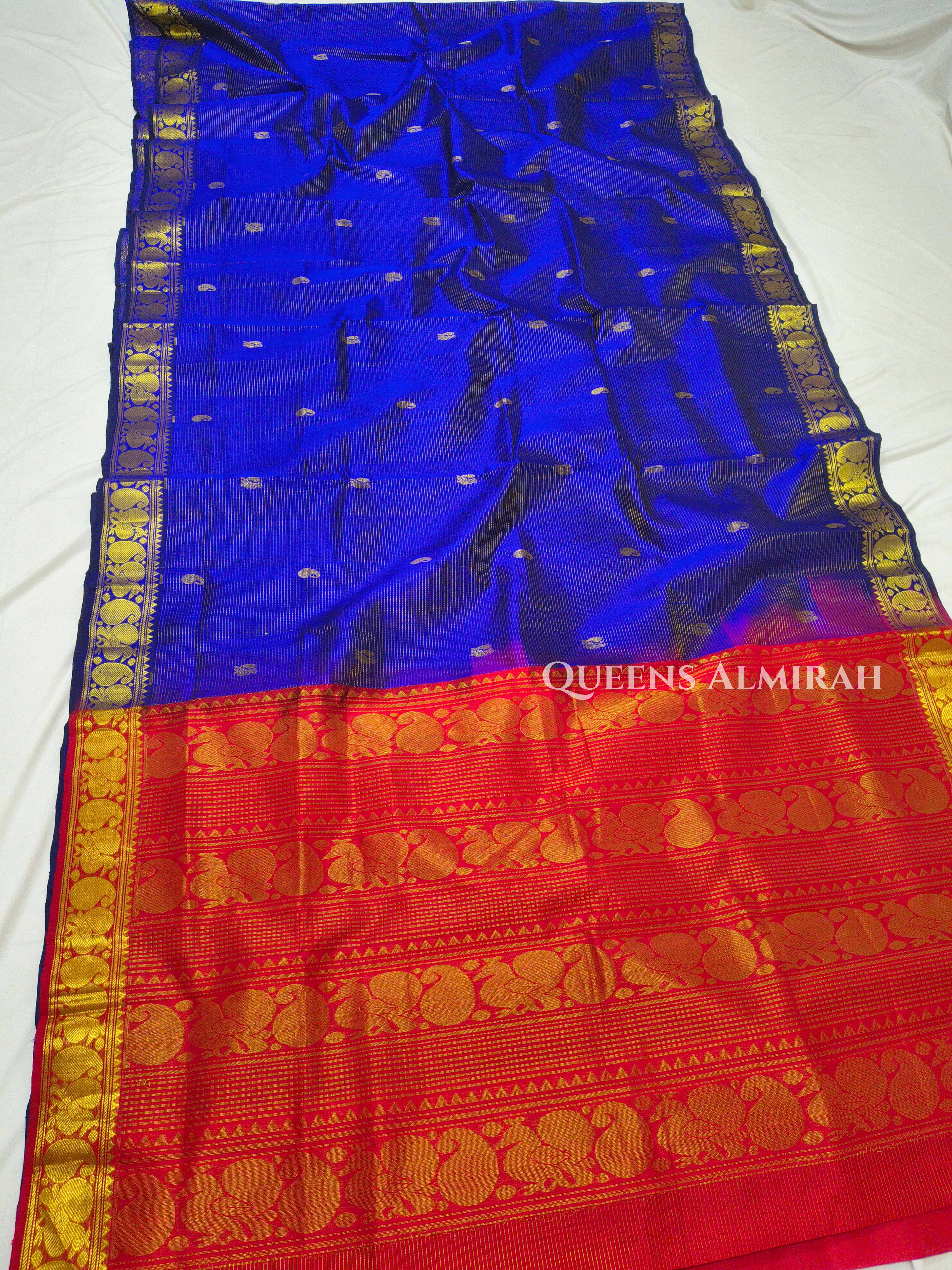 Pure Silk Cotton -Navy Blue and Red Vaira Oosi Saree QUEENS ALMIRAH
