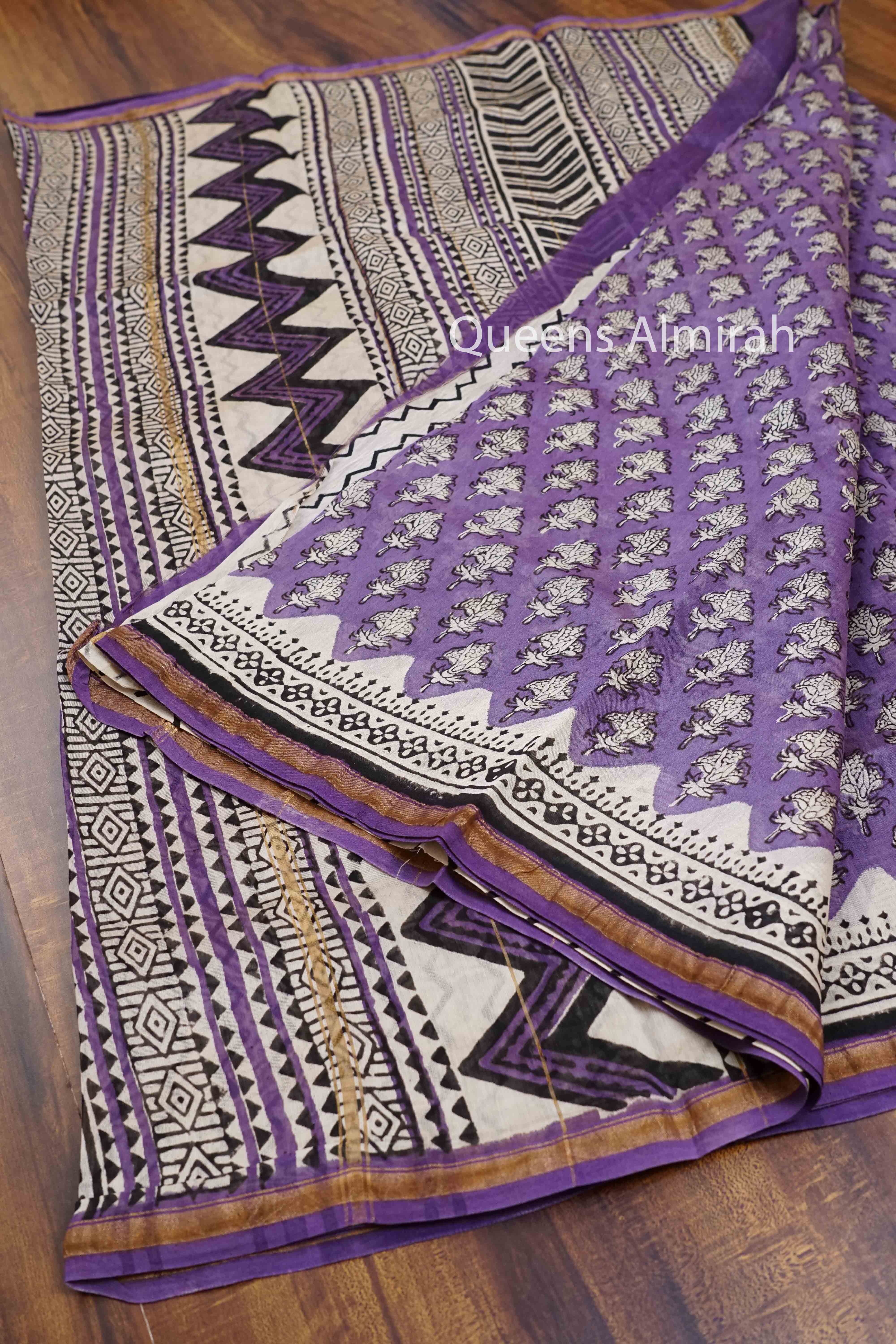 PURPLE HAZE HAND BLOCKED CHANDERI SILK COTTON SAREE - Queens Jewel Emporium