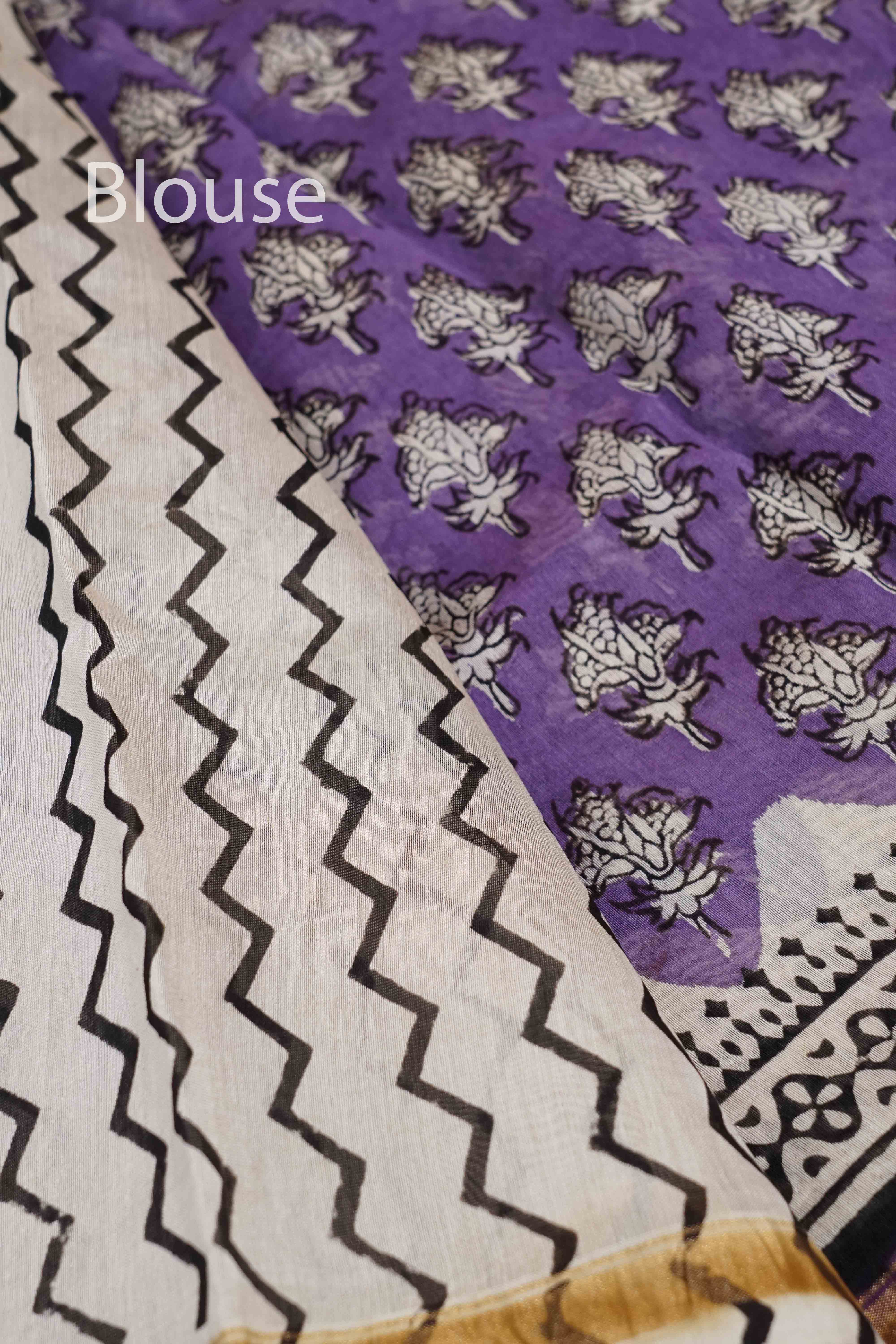 PURPLE HAZE HAND BLOCKED CHANDERI SILK COTTON SAREE - Queens Jewel Emporium
