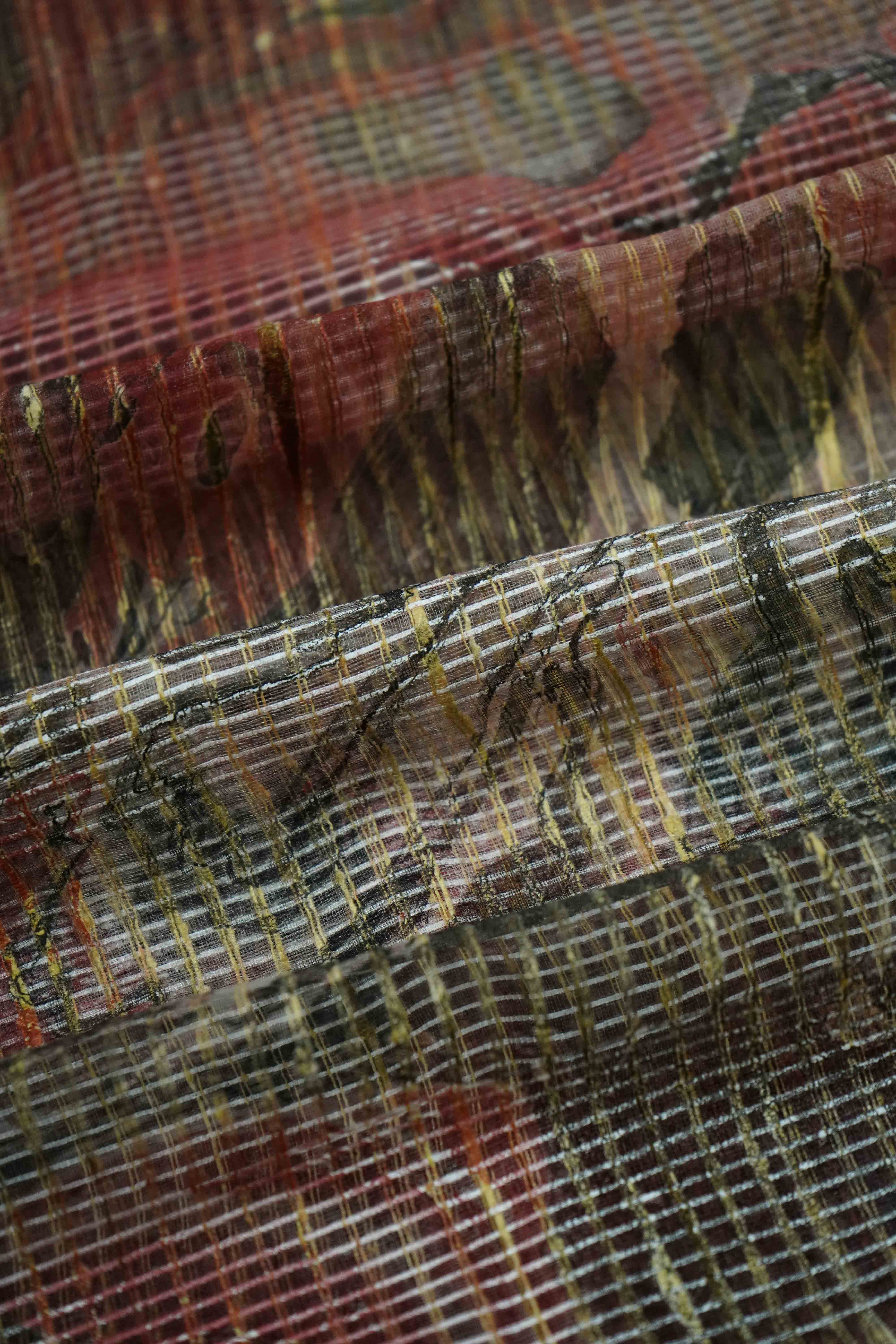RADDISH GREY WITH RIFFLE GREEN MARBLE PRINT GHICHA ORAGANZA SAREE - Queens Jewel Emporium