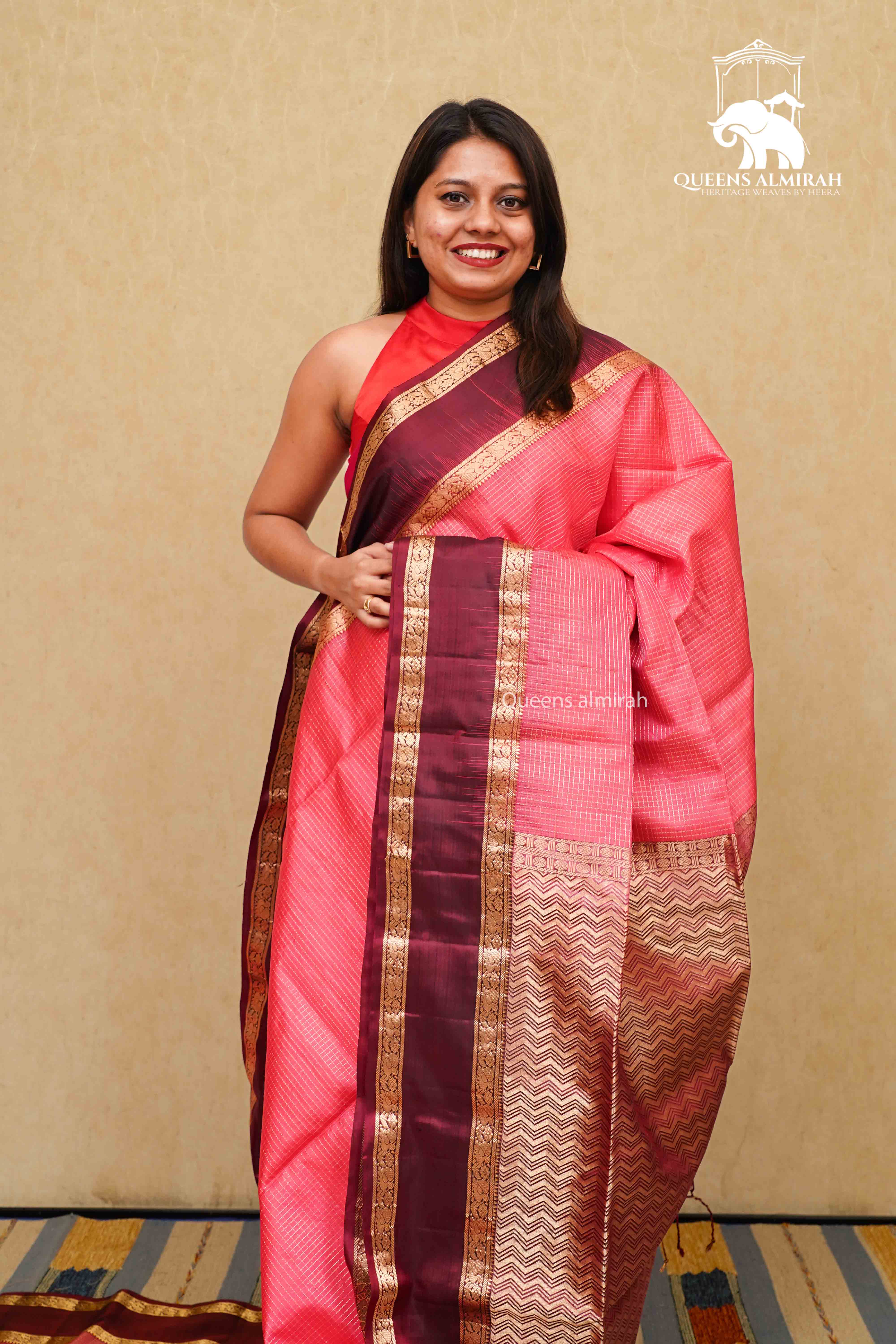 RADDISH RED WITH COCOA BEAN SOFT SILK SAREE - Queens Jewel Emporium