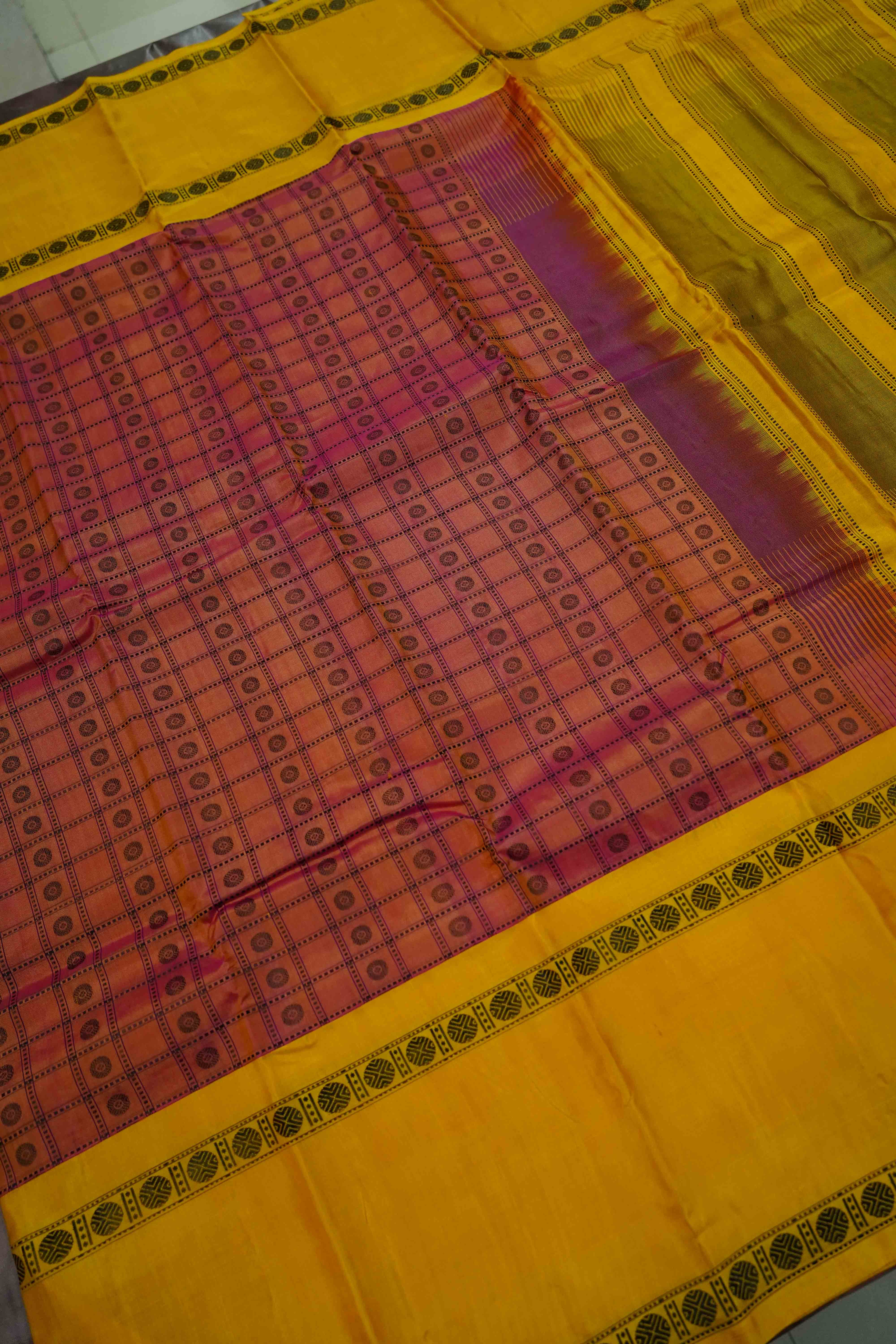 RAMBUTAN RED WITH MANGO YELLOW PURE KANCHIVARAM SILK SAREE - Queens Jewel Emporium