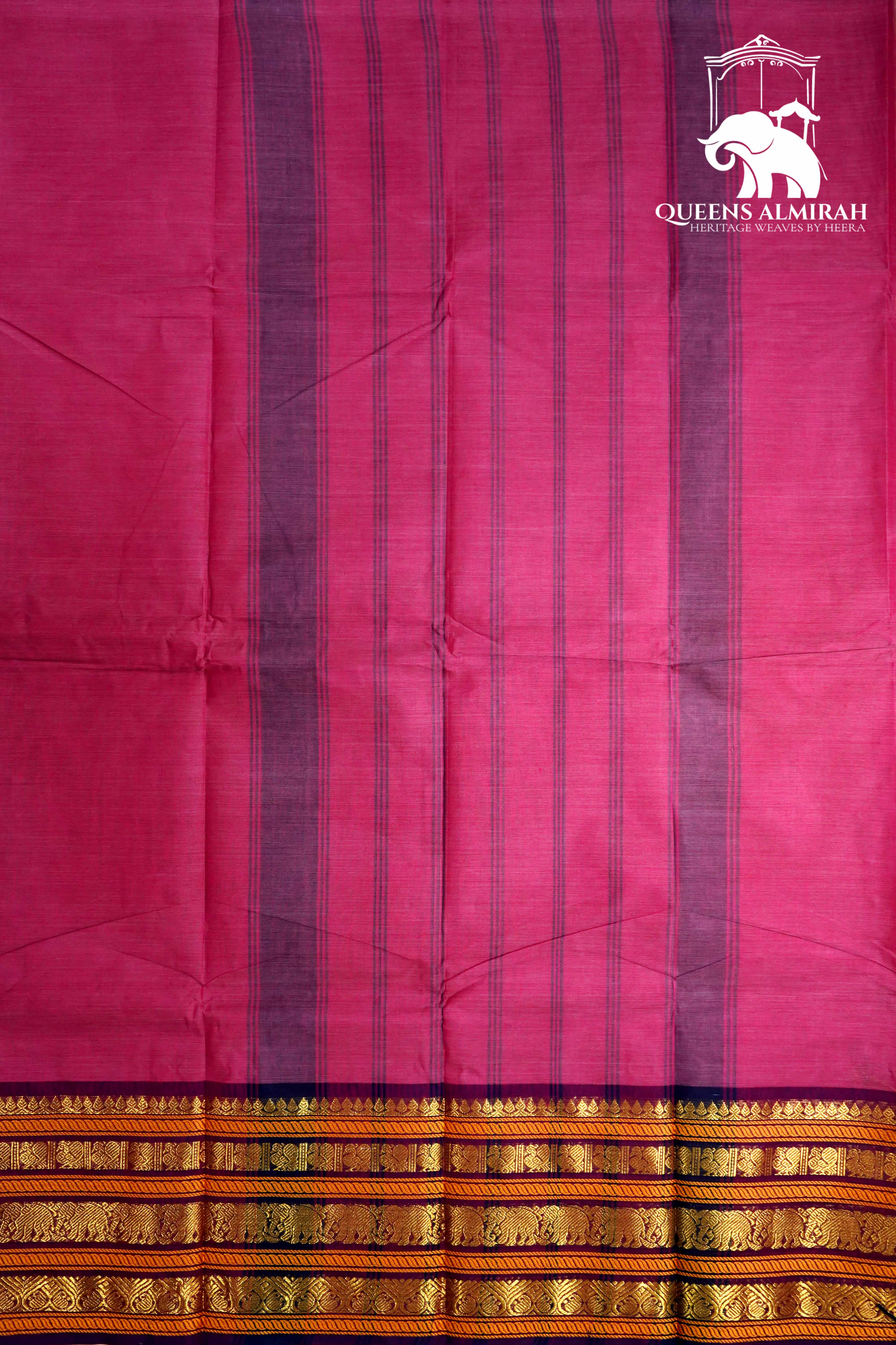 RASPBERRY PINK WITH DARK PURPLE KANCHI COTTON SAREE - Queens Jewel Emporium