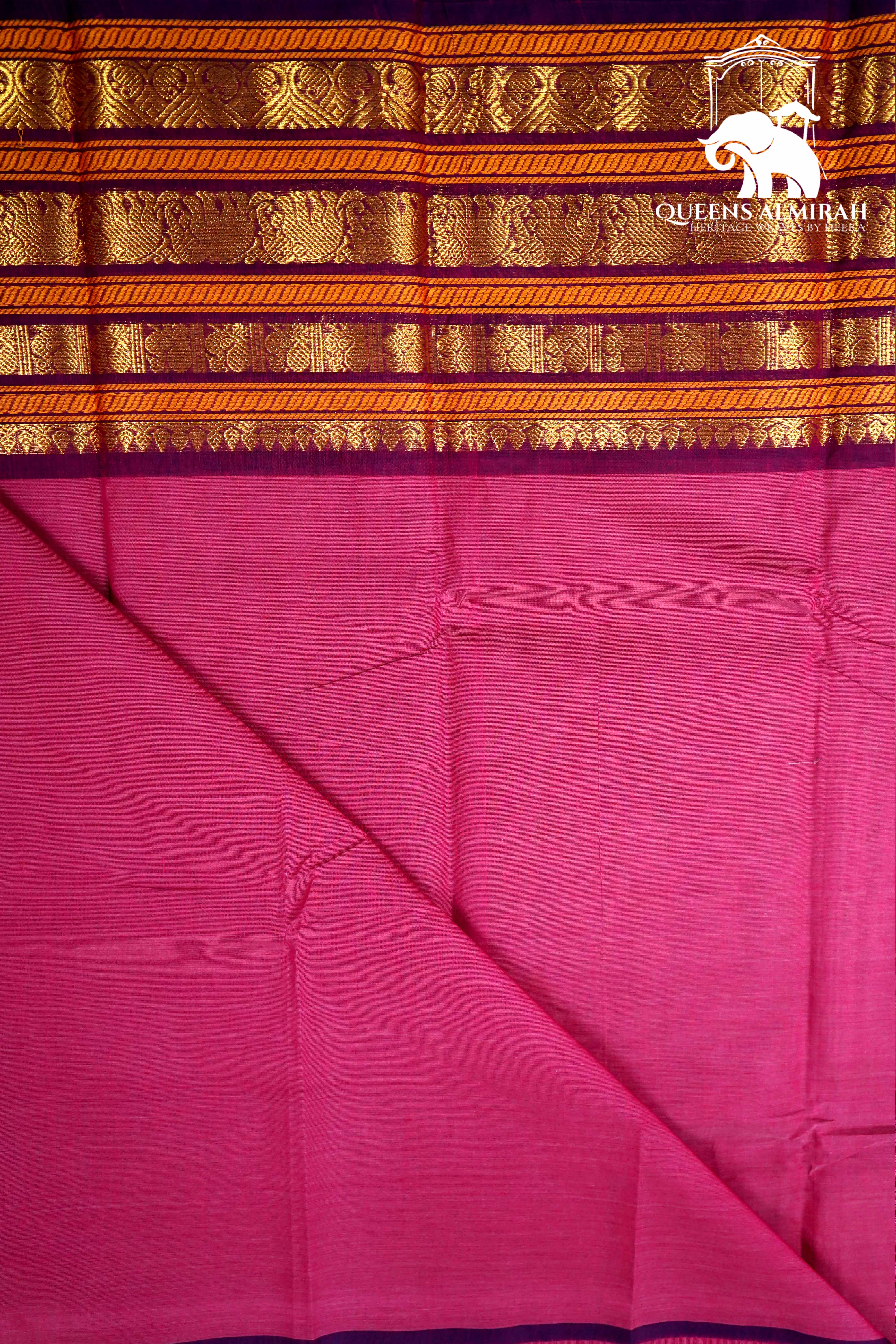 RASPBERRY PINK WITH DARK PURPLE KANCHI COTTON SAREE - Queens Jewel Emporium
