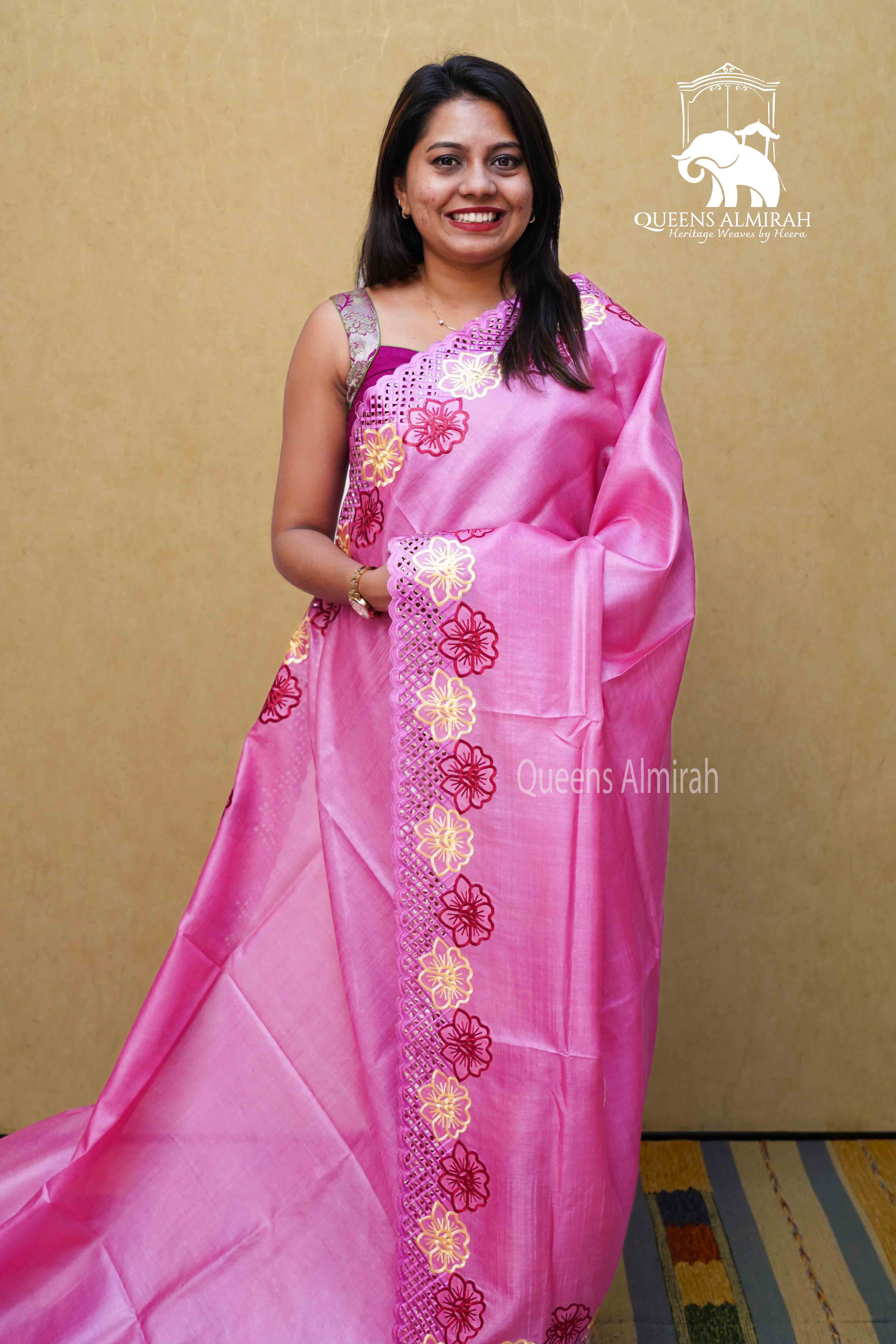RASPBERRY ROSE PURE TUSSAR SILK SAREE - Queens Jewel Emporium