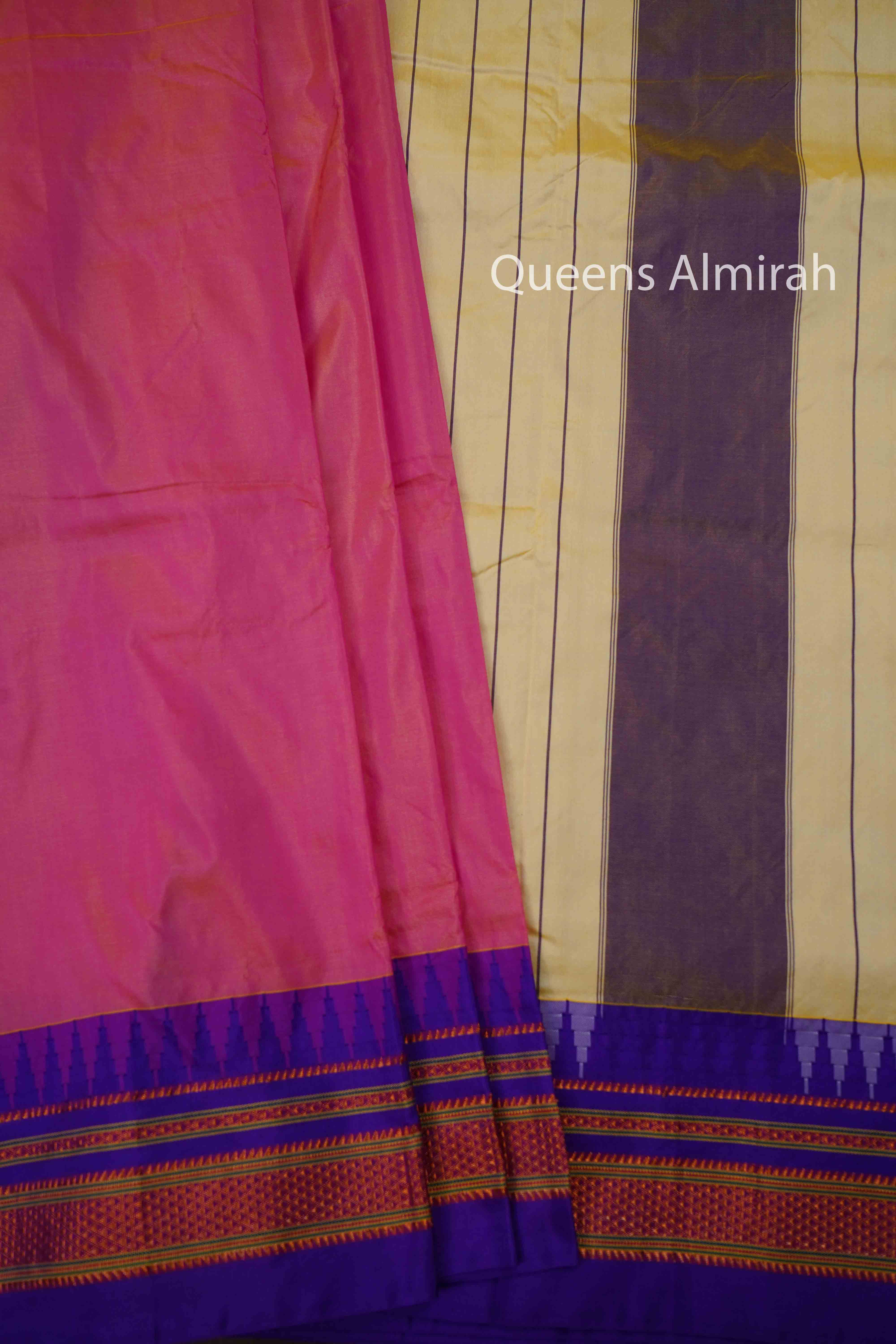 RASPBERRY ROSE WITH PERISAN INDIGO ILKAL SEMI SILK SAREE - Queens Jewel Emporium
