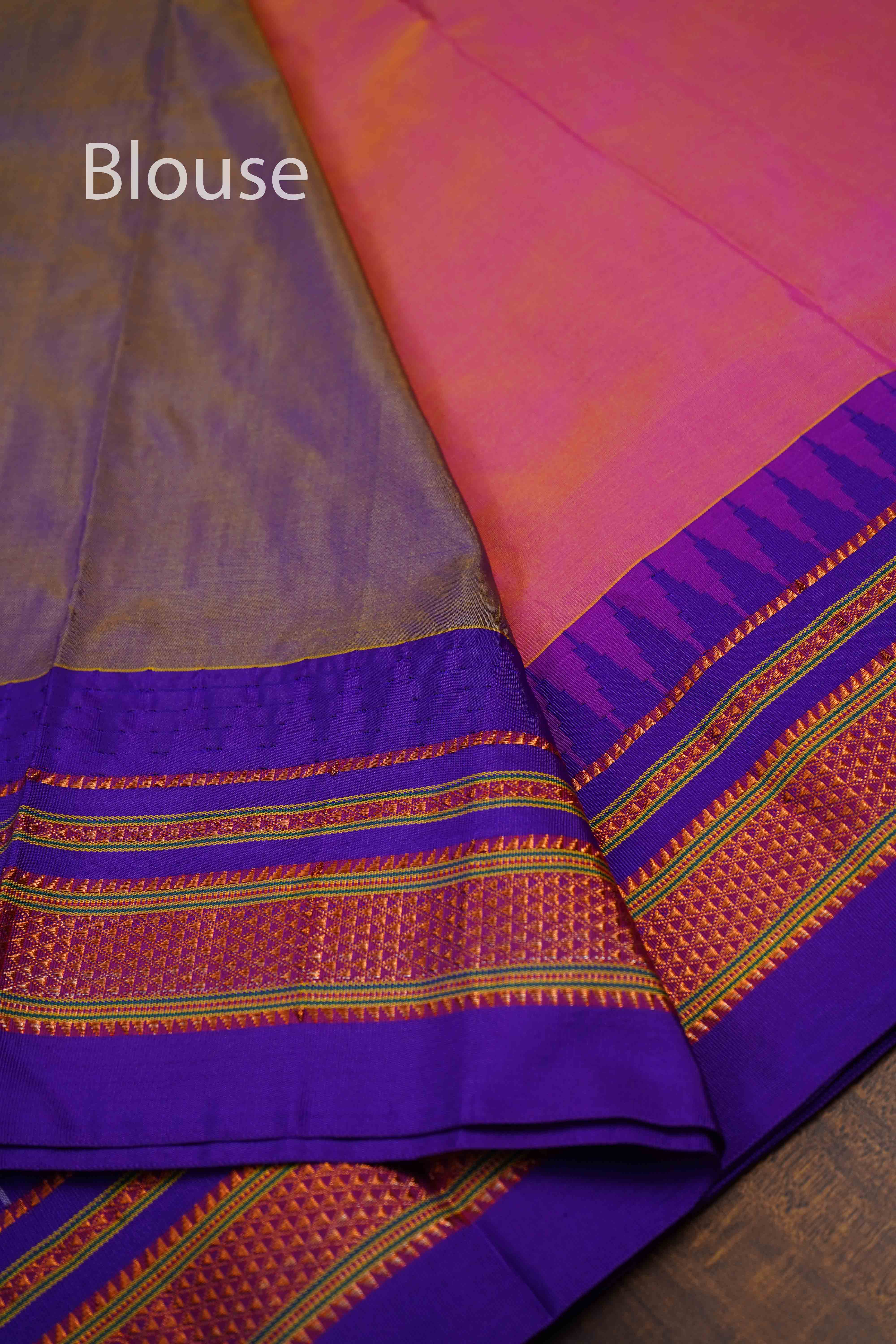 RASPBERRY ROSE WITH PERISAN INDIGO ILKAL SEMI SILK SAREE - Queens Jewel Emporium