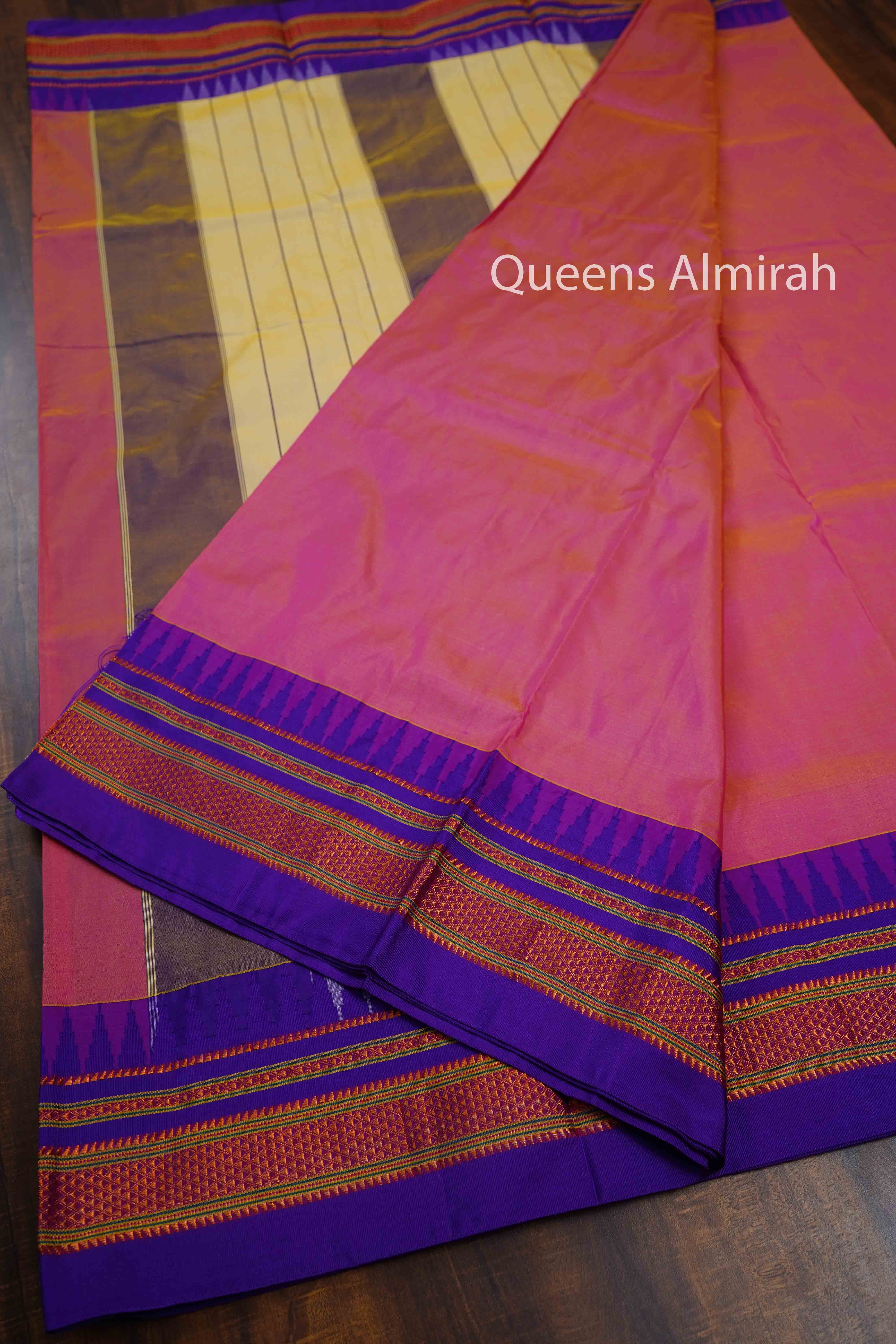 RASPBERRY ROSE WITH PERISAN INDIGO ILKAL SEMI SILK SAREE - Queens Jewel Emporium