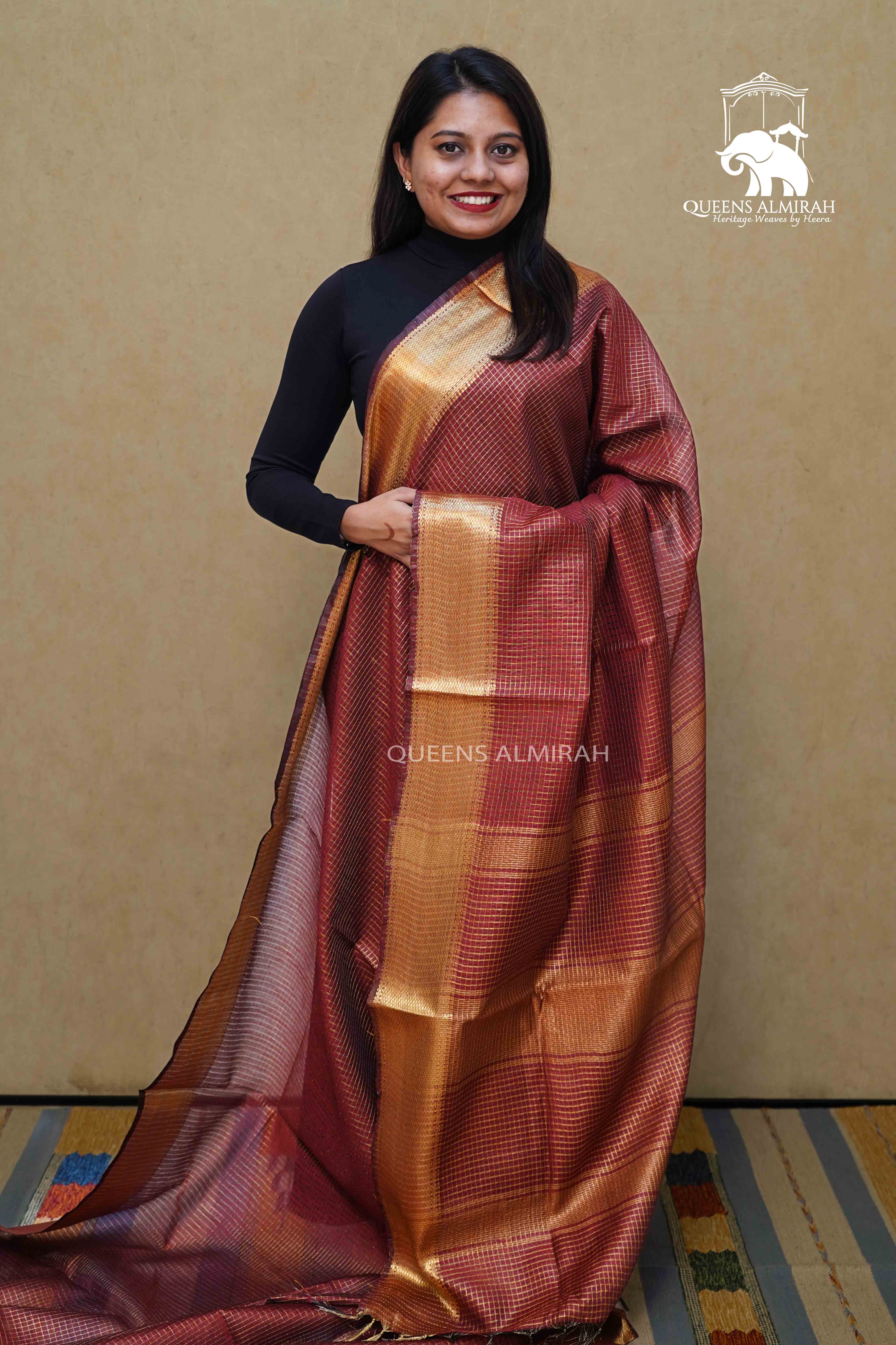 RED BROWN MAHESHWARI SAREE - Queens Jewel Emporium