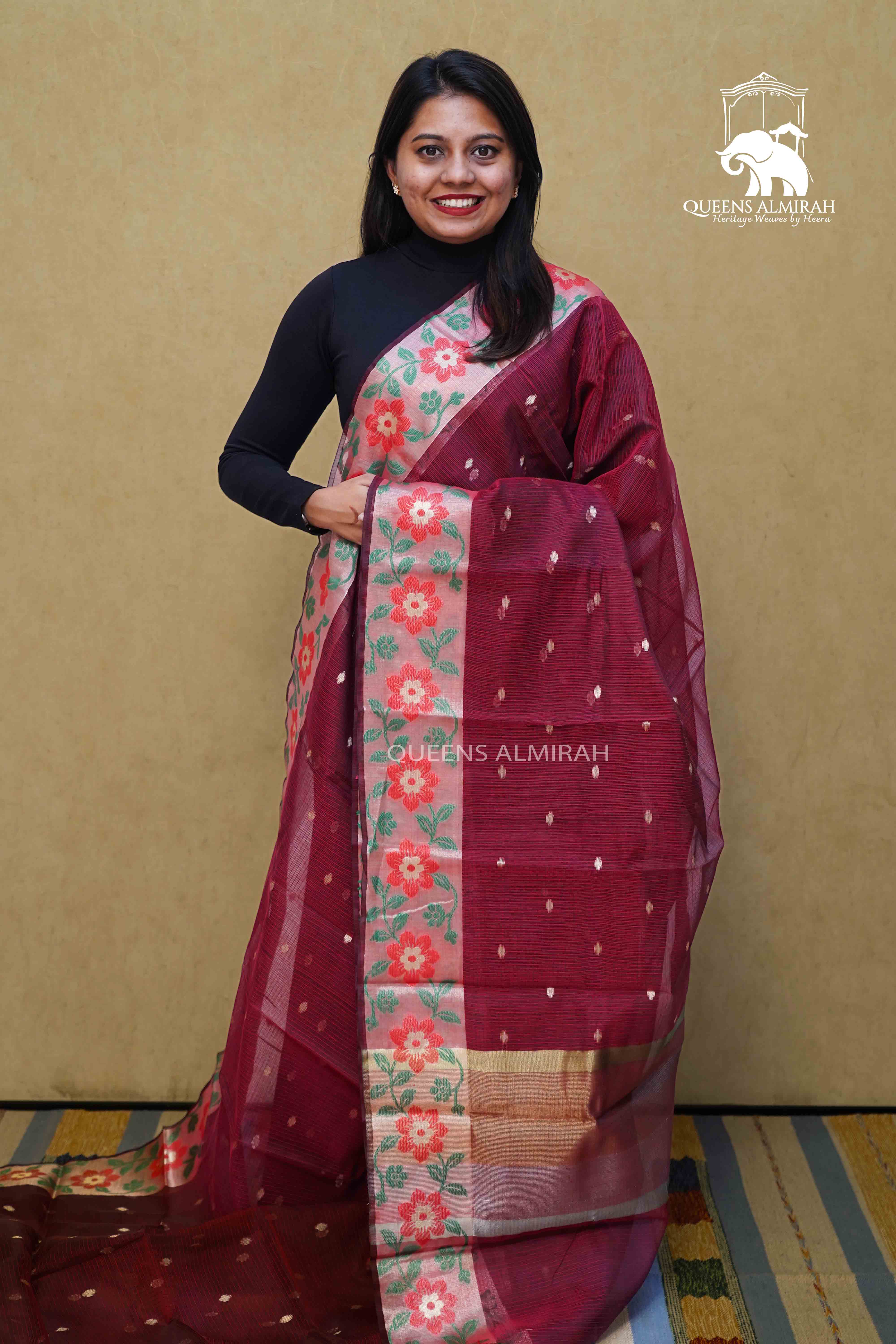 RED BROWN KOTA SILK COTTON SAREE - Queens Jewel Emporium