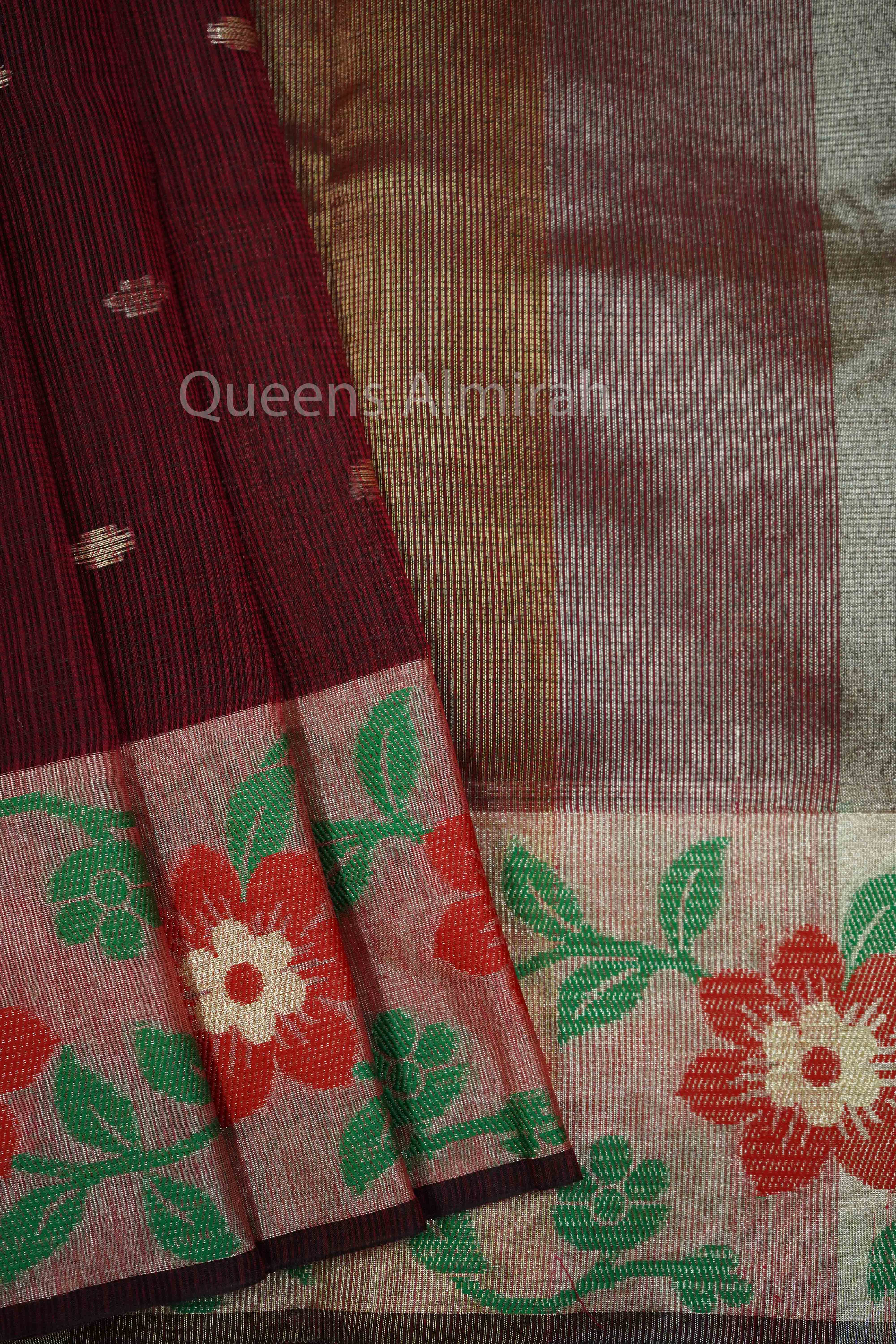 RED BROWN KOTA SILK COTTON SAREE - Queens Jewel Emporium