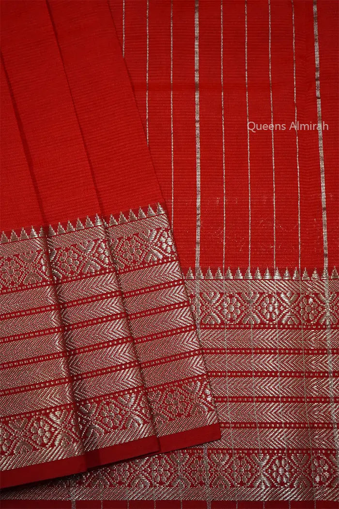 RED CAPSICUM WOVEN BORDER MANGALGIRI SAREE - Queens Jewel Emporium