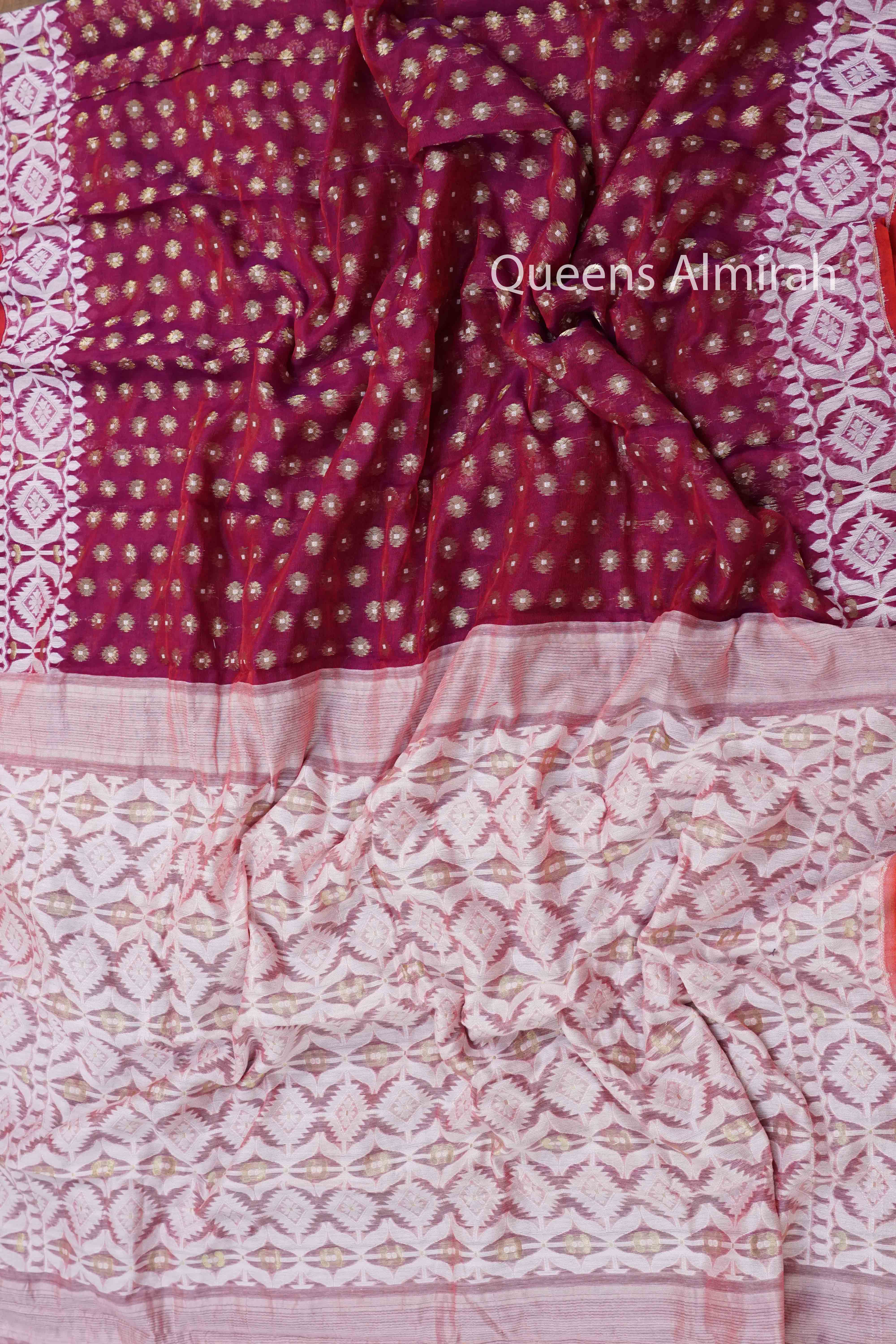 RED PURPLE WITH WHITE JAMDANI COTTON SAREE - Queens Jewel Emporium