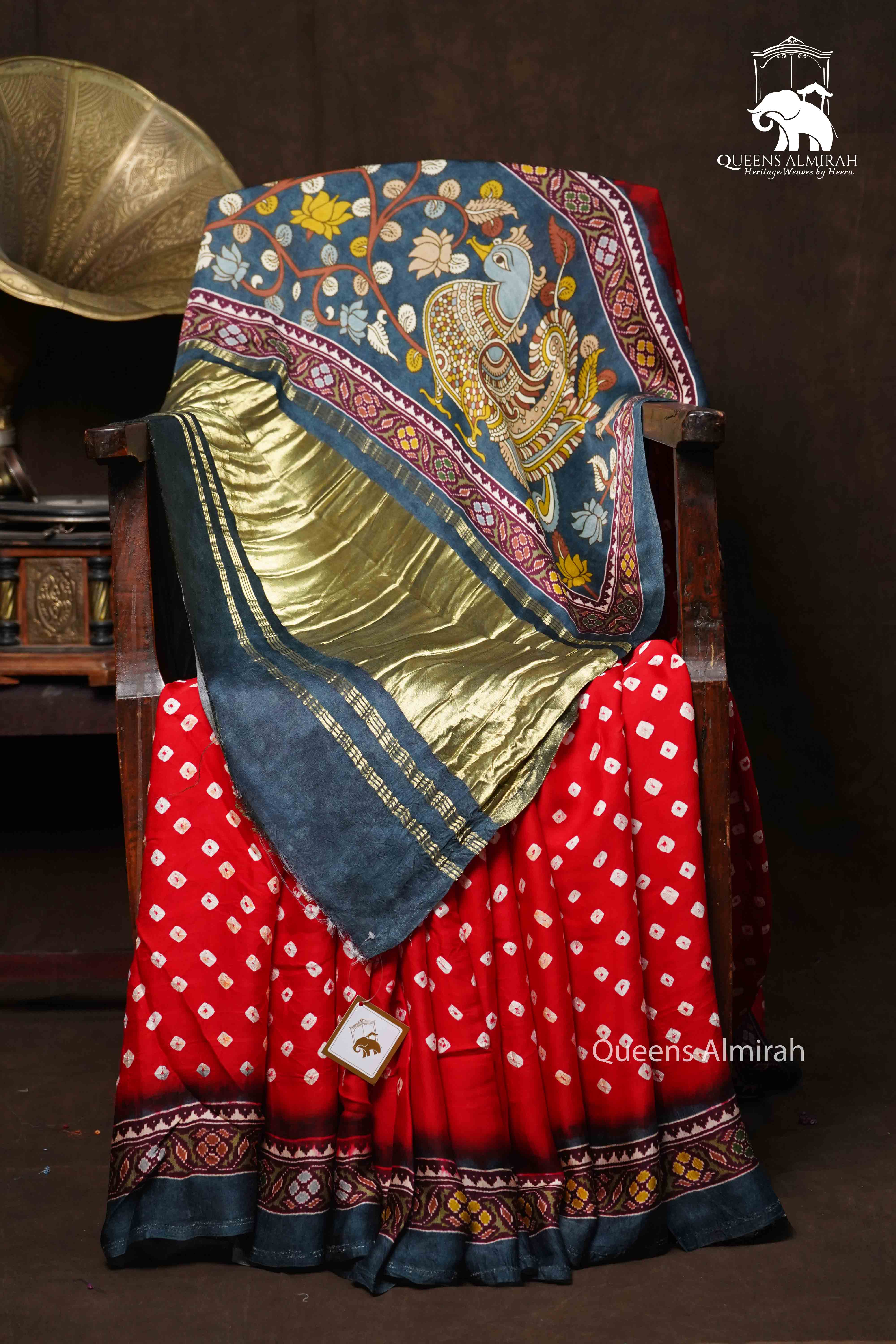 RED WITH GREY BLUE MODAL SILK SAREE - Queens Jewel Emporium