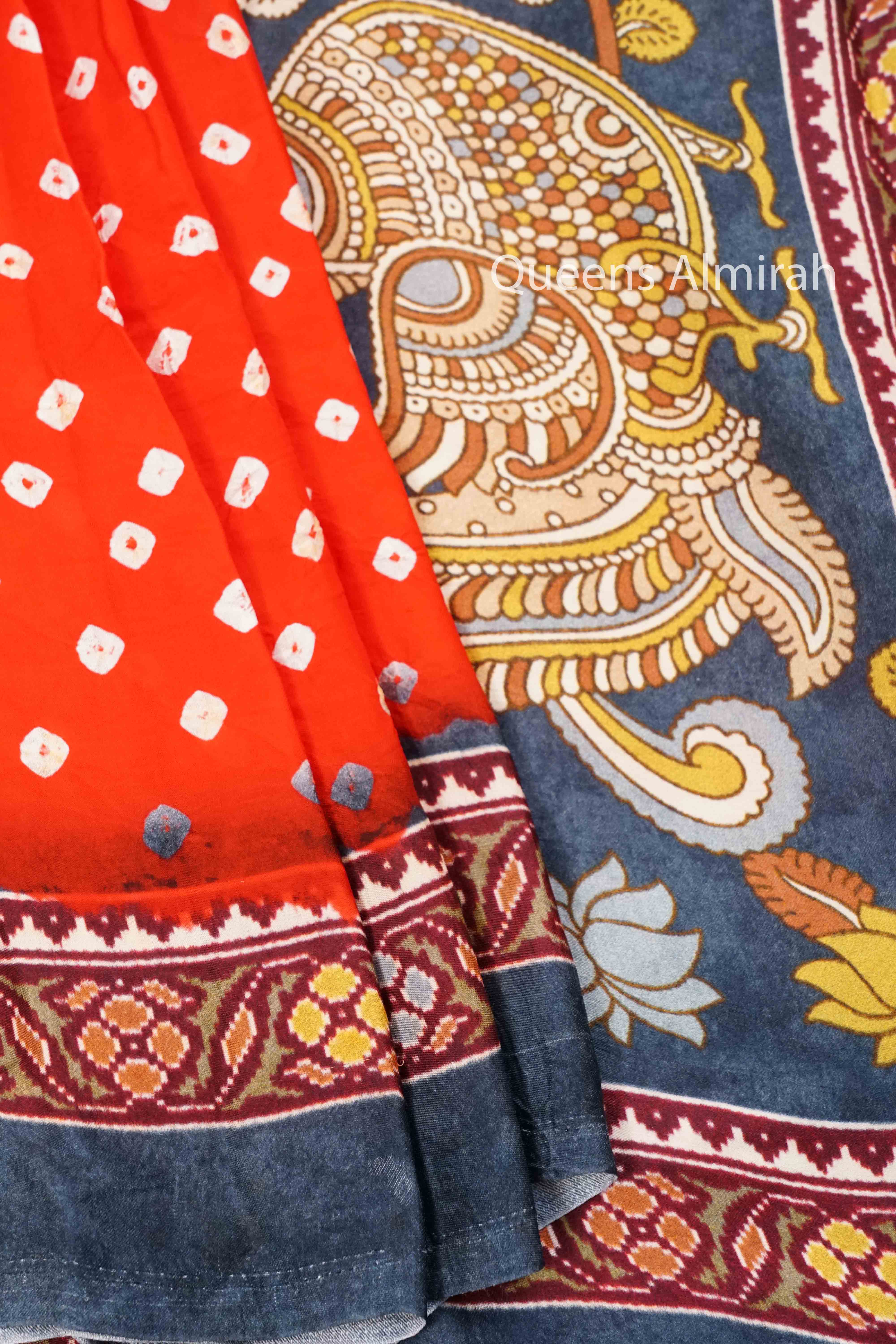 RED WITH GREY BLUE MODAL SILK SAREE - Queens Jewel Emporium