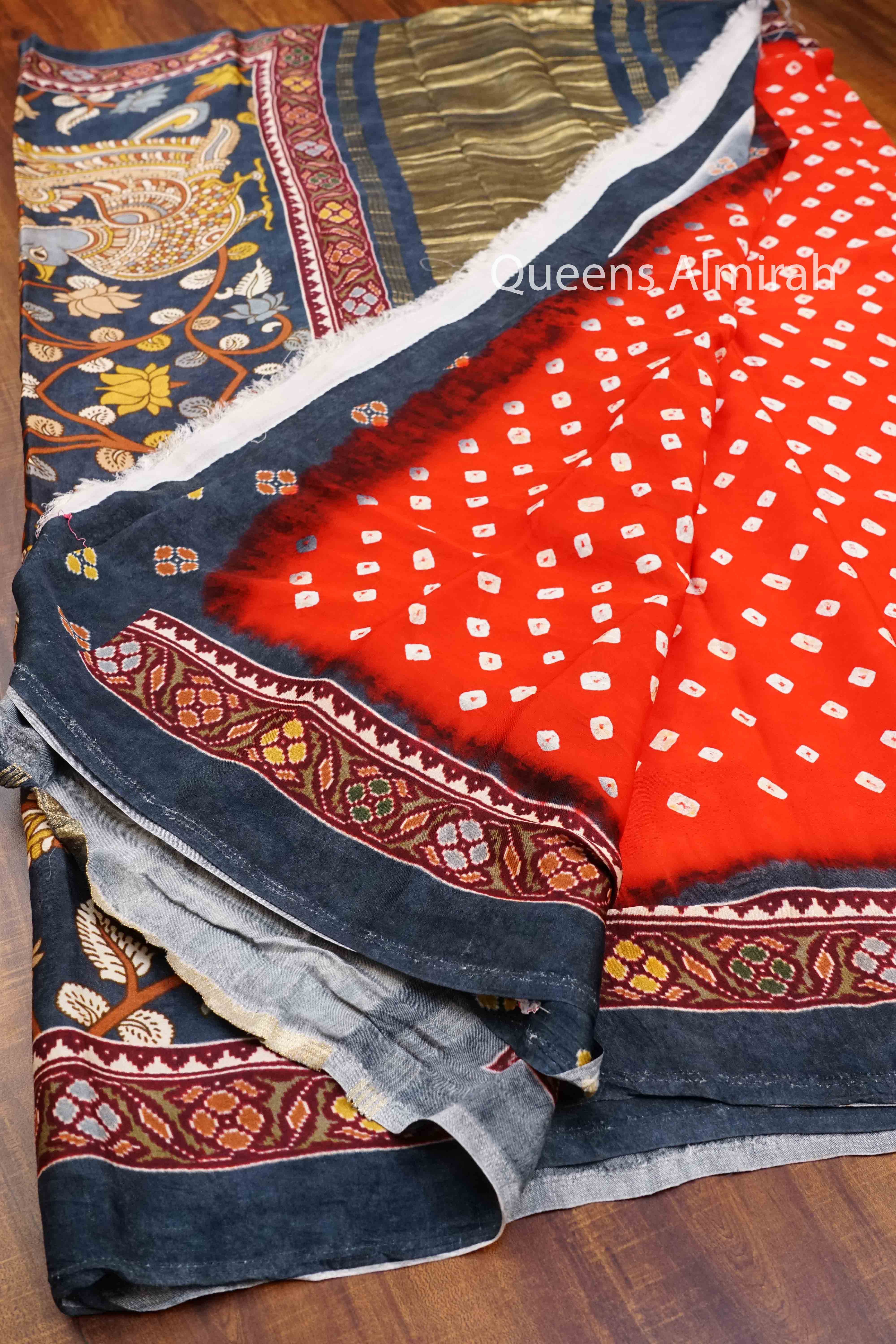 RED WITH GREY BLUE MODAL SILK SAREE - Queens Jewel Emporium