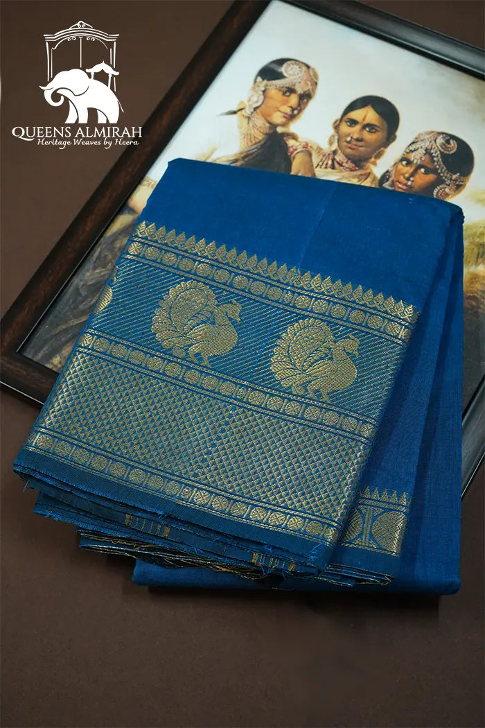 REGAL  BLUE WITH DAVY GREEN  KANCHI COTTON SAREE - Queens Jewel Emporium
