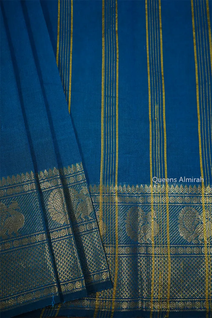 REGAL  BLUE WITH DAVY GREEN  KANCHI COTTON SAREE - Queens Jewel Emporium