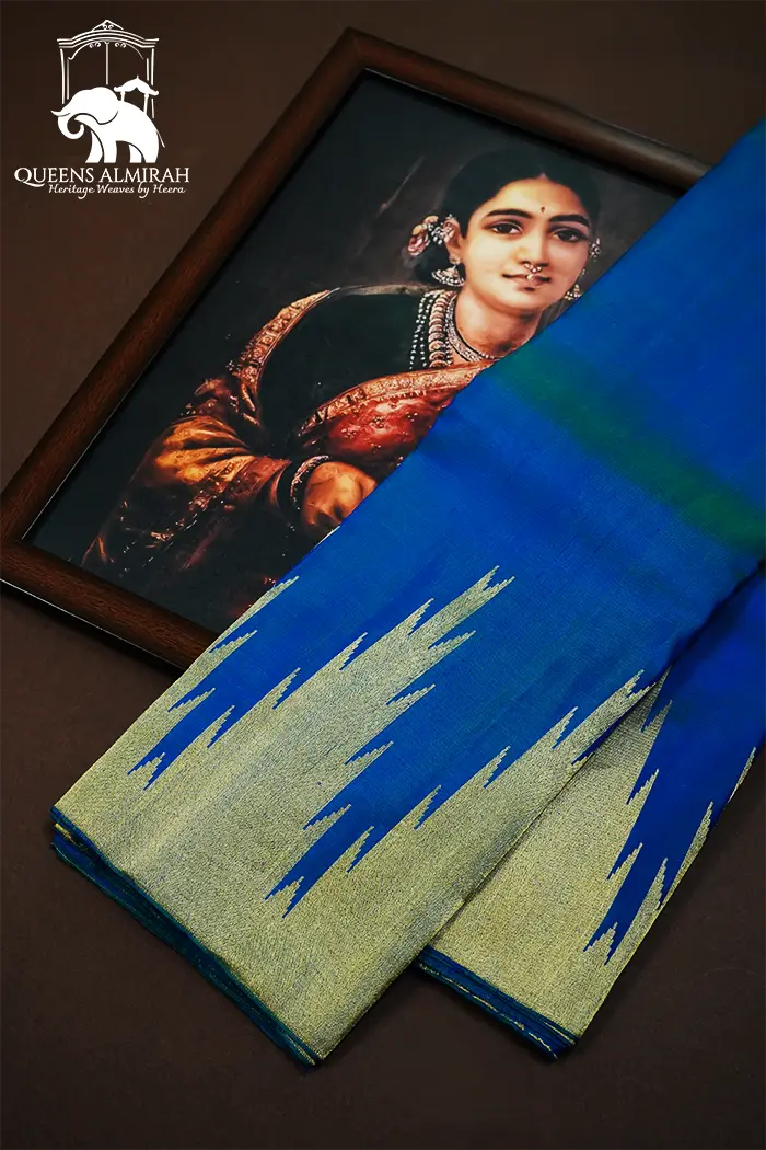 REGAL BLUE WITH FLAX SMOKE PURE KANCHIVARAM SILK SAREE - Queens Jewel Emporium