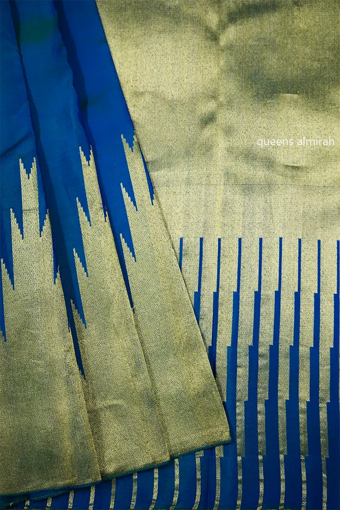 REGAL BLUE WITH FLAX SMOKE PURE KANCHIVARAM SILK SAREE - Queens Jewel Emporium
