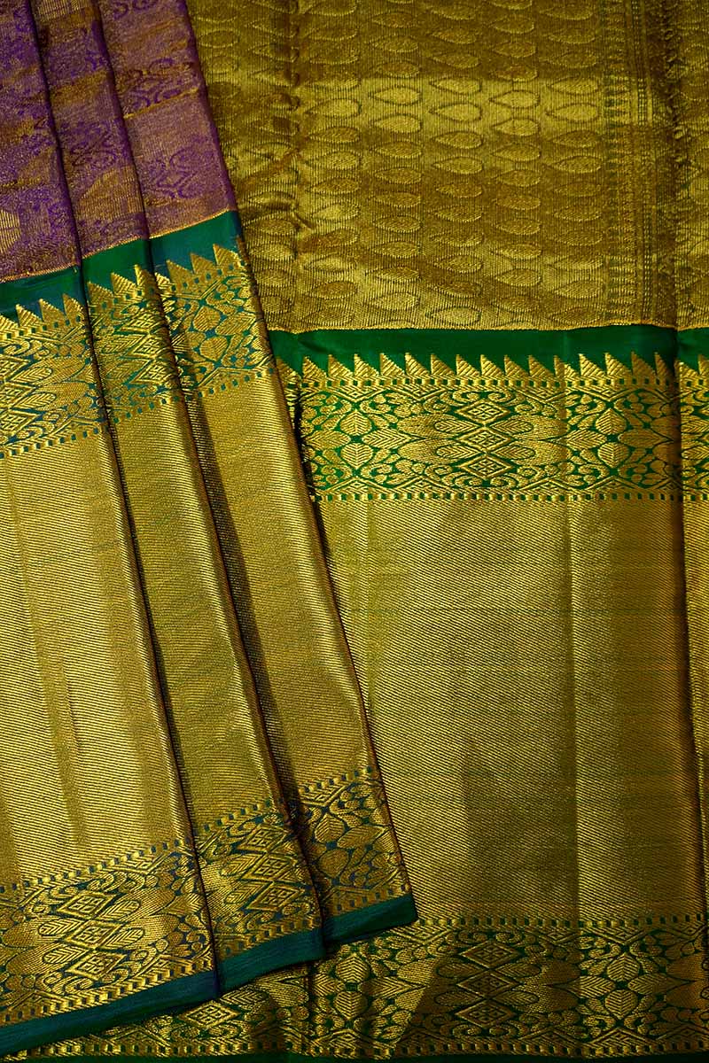 RICH PURPLE WITH RAMAR GREEN TISSUE KANCHI SILK SAREE - Queens Jewel Emporium