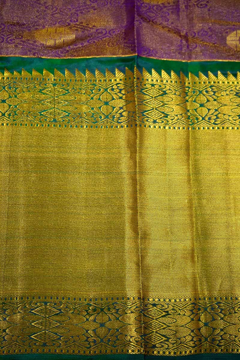 RICH PURPLE WITH RAMAR GREEN TISSUE KANCHI SILK SAREE - Queens Jewel Emporium