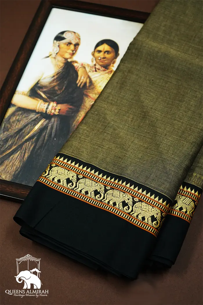 RIFLE GREEN WITH BLACK BORDER NARAYANPET COTTON SAREE - Queens Jewel Emporium