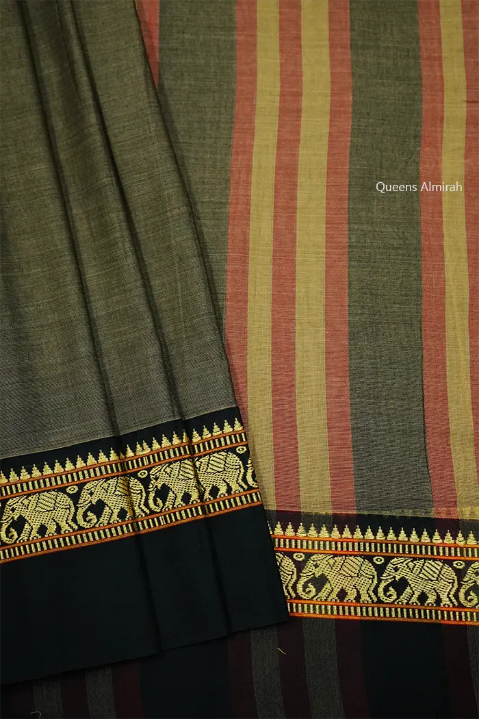 RIFLE GREEN WITH BLACK BORDER NARAYANPET COTTON SAREE - Queens Jewel Emporium