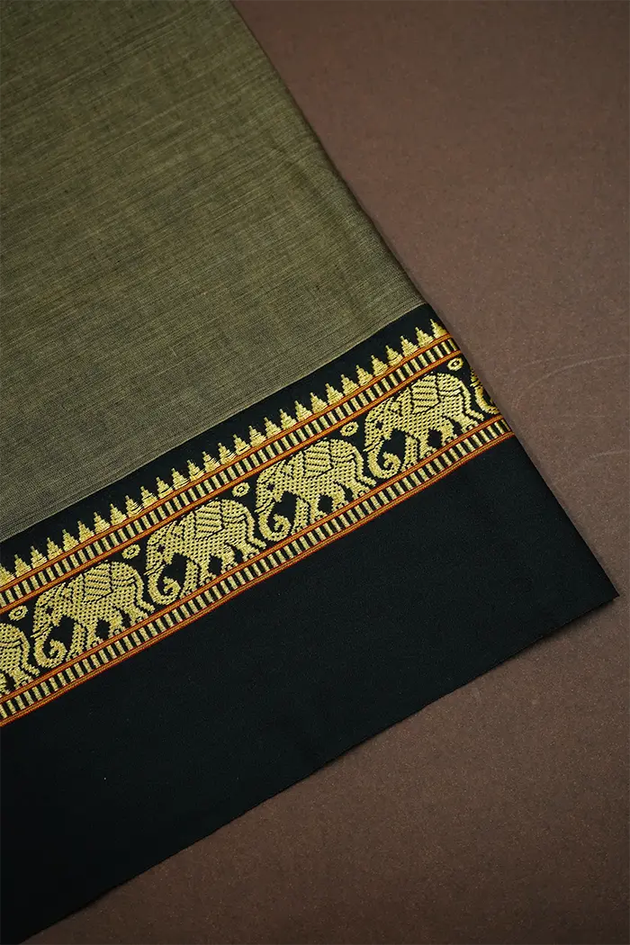 RIFLE GREEN WITH BLACK BORDER NARAYANPET COTTON SAREE - Queens Jewel Emporium