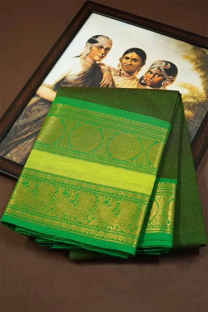 RIFLE GREEN WITH FOREST GREEN KANCHI COTTON SAREE - Queens Jewel Emporium