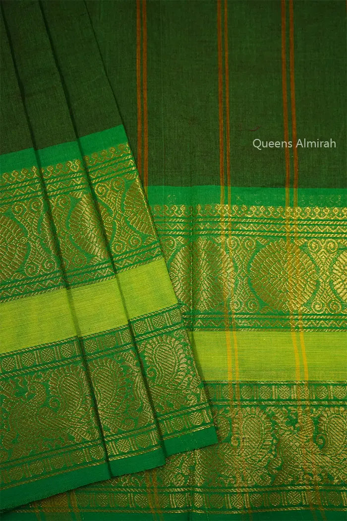 RIFLE GREEN WITH FOREST GREEN KANCHI COTTON SAREE - Queens Jewel Emporium