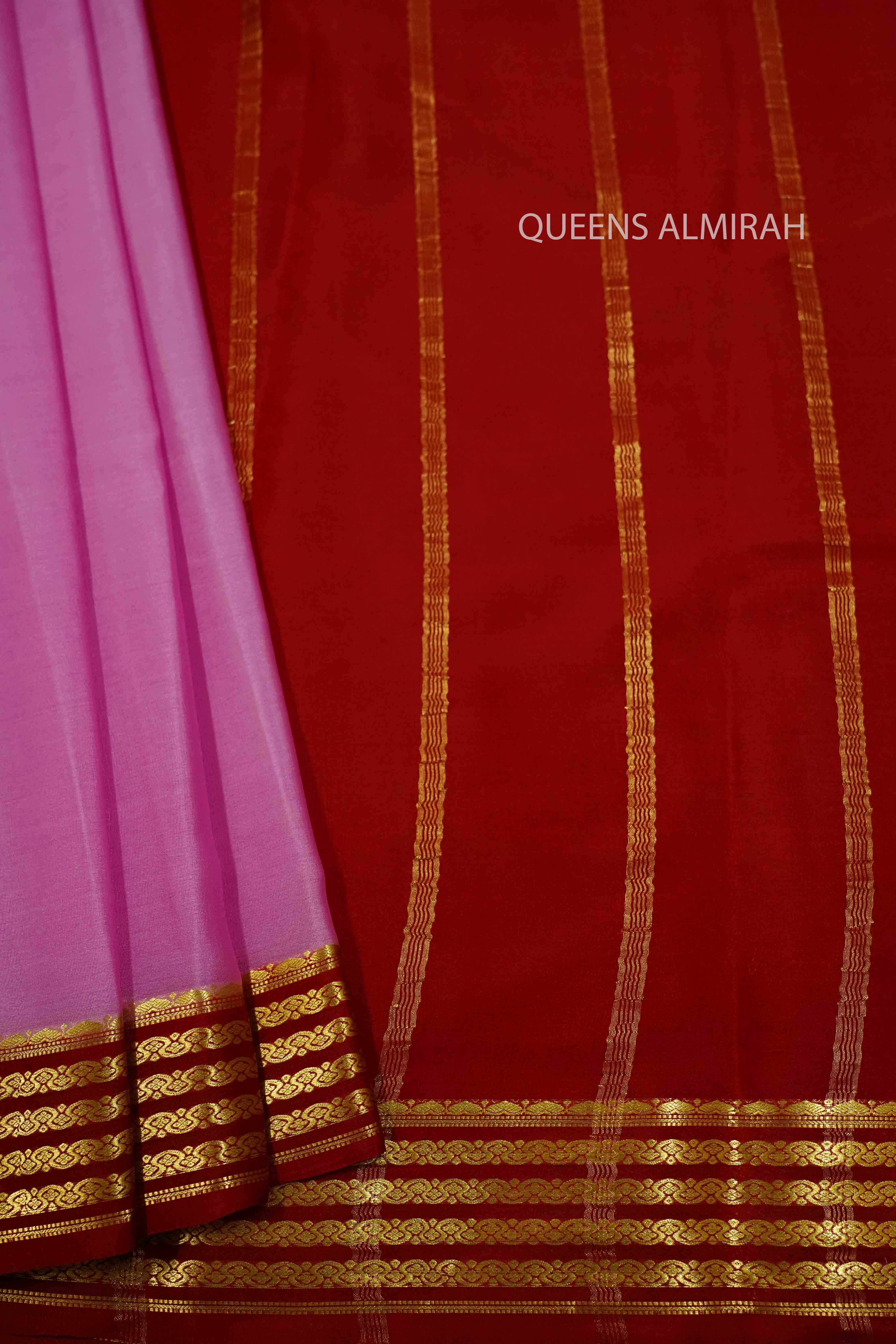ROSE MILK PINK WITH CHERRY RED MYSORE SILK SAREE - Queens Jewel Emporium